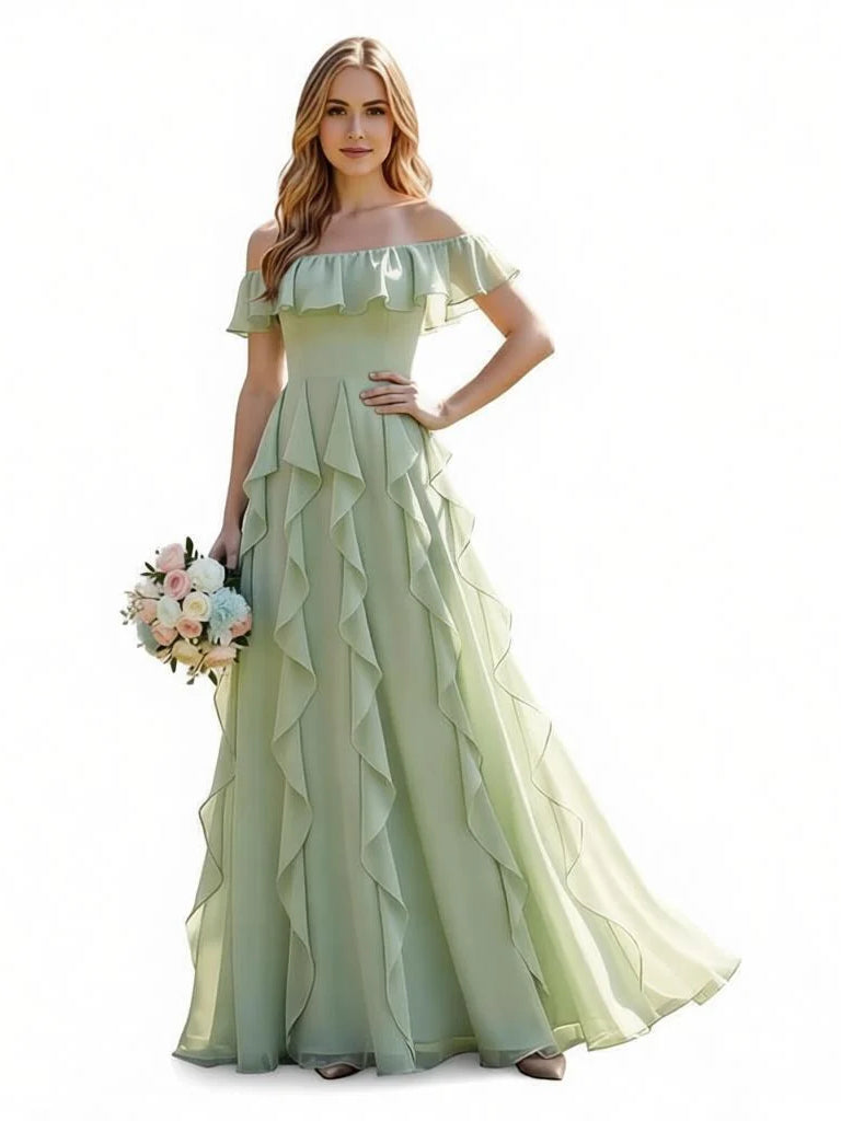 Draped Layered Ruffled Backless Off Shoulder A-Line Maxi Chiffon Bridesmaid Dress for Wedding Reception