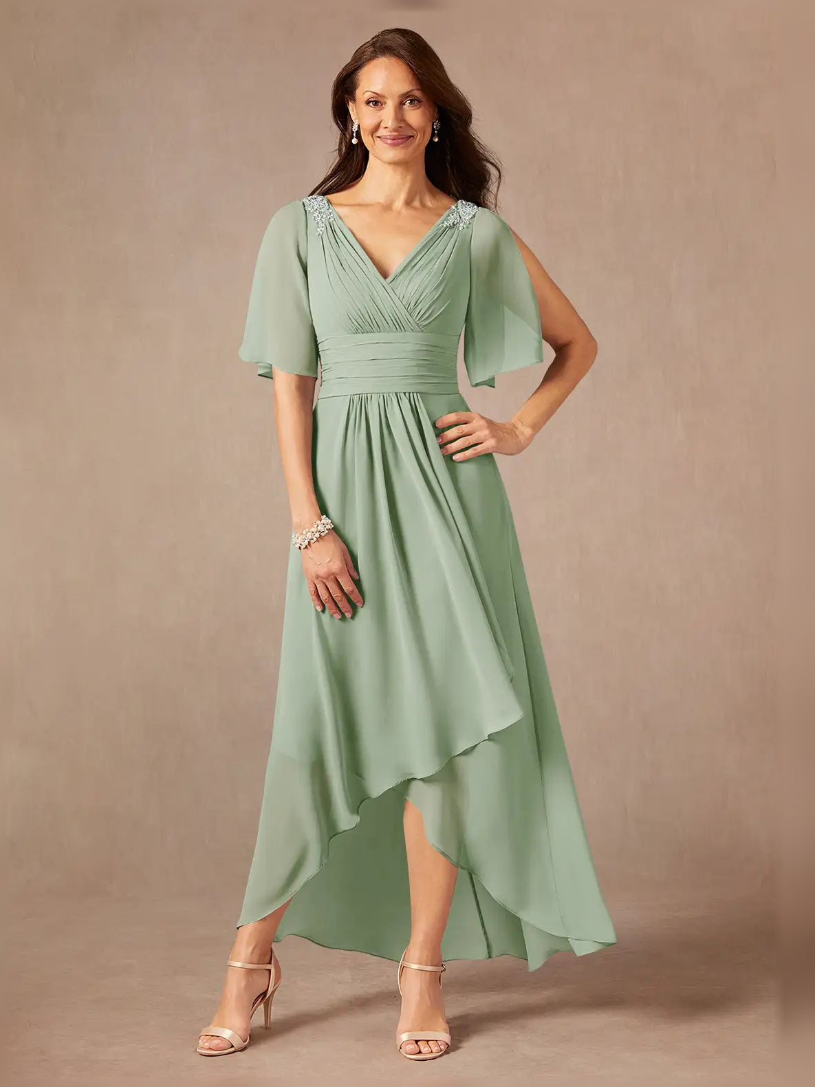 Draped Ruffled V Neck A-Line Midi Chiffon Mother of the Bride Dress for Evening Wedding