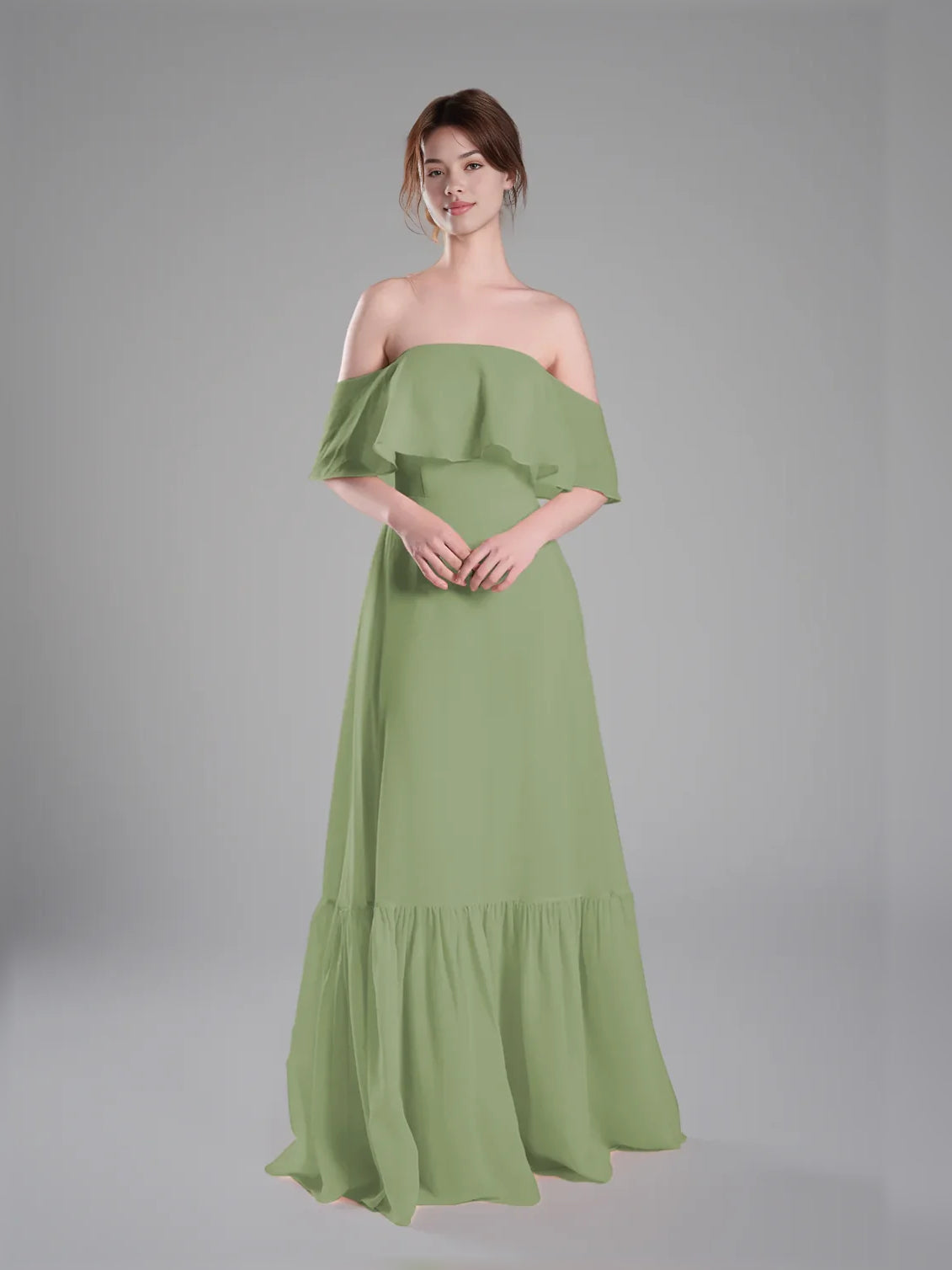Tiered Ruffled Off Shoulder A-Line Floor-Length Chiffon Bridesmaid Dress for Destination Wedding