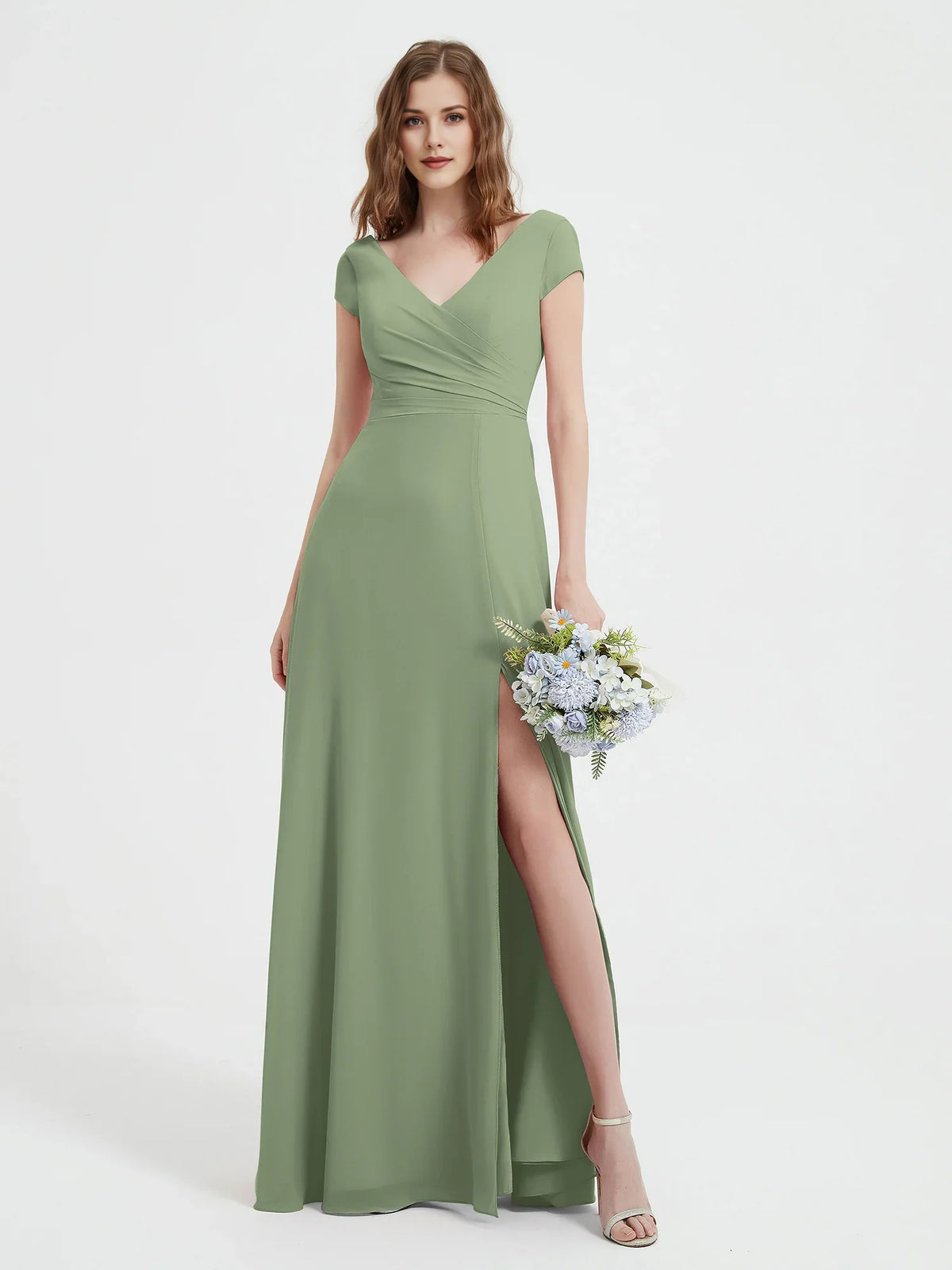 Ruched Side-Slit Slit V Neck A-Line Maxi Chiffon Bridesmaid Dress for Wedding Ceremony