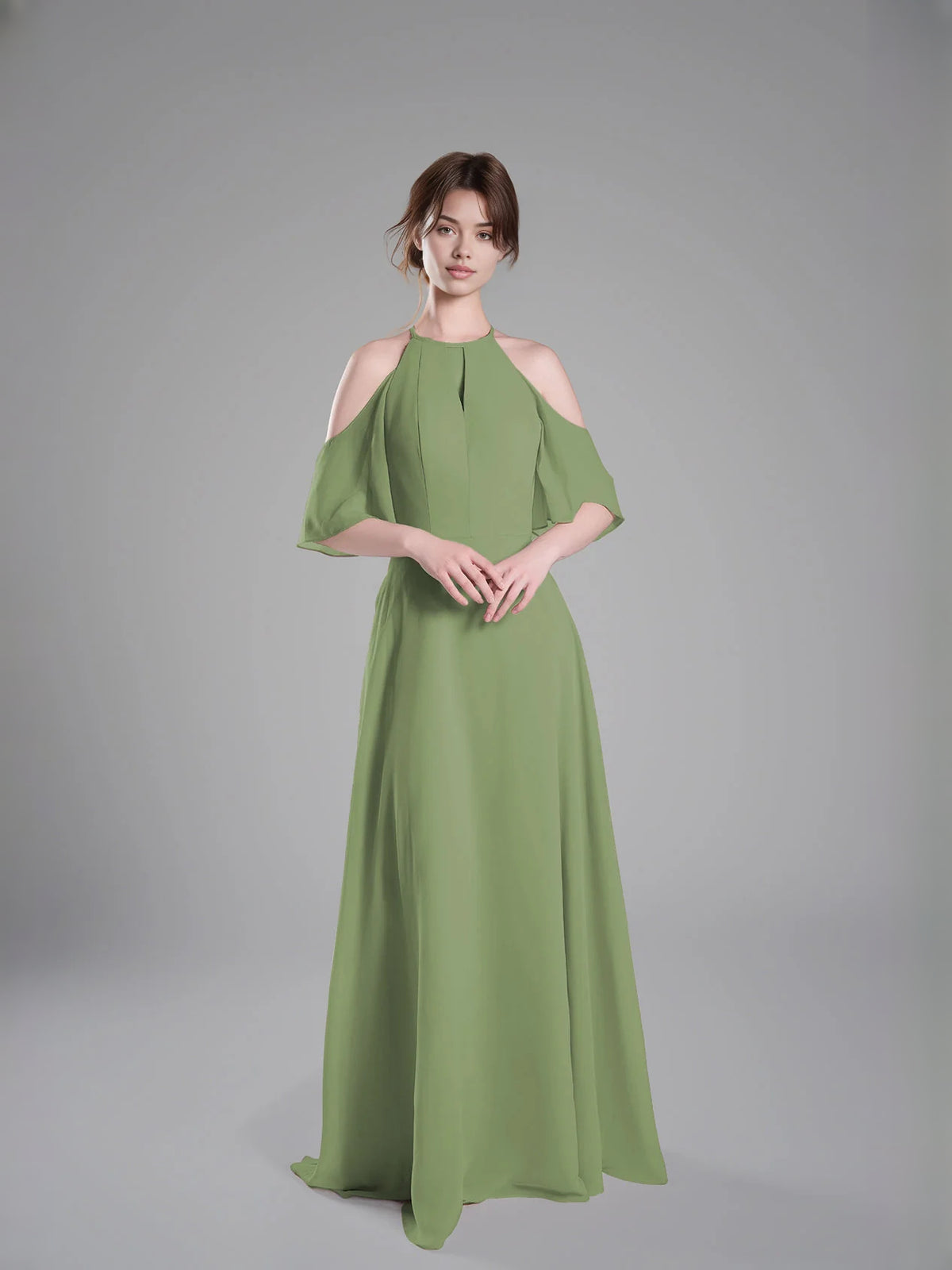 Cut-Out Halter Neck A-Line Floor-Length Chiffon Bridesmaid Dress for Wedding Reception