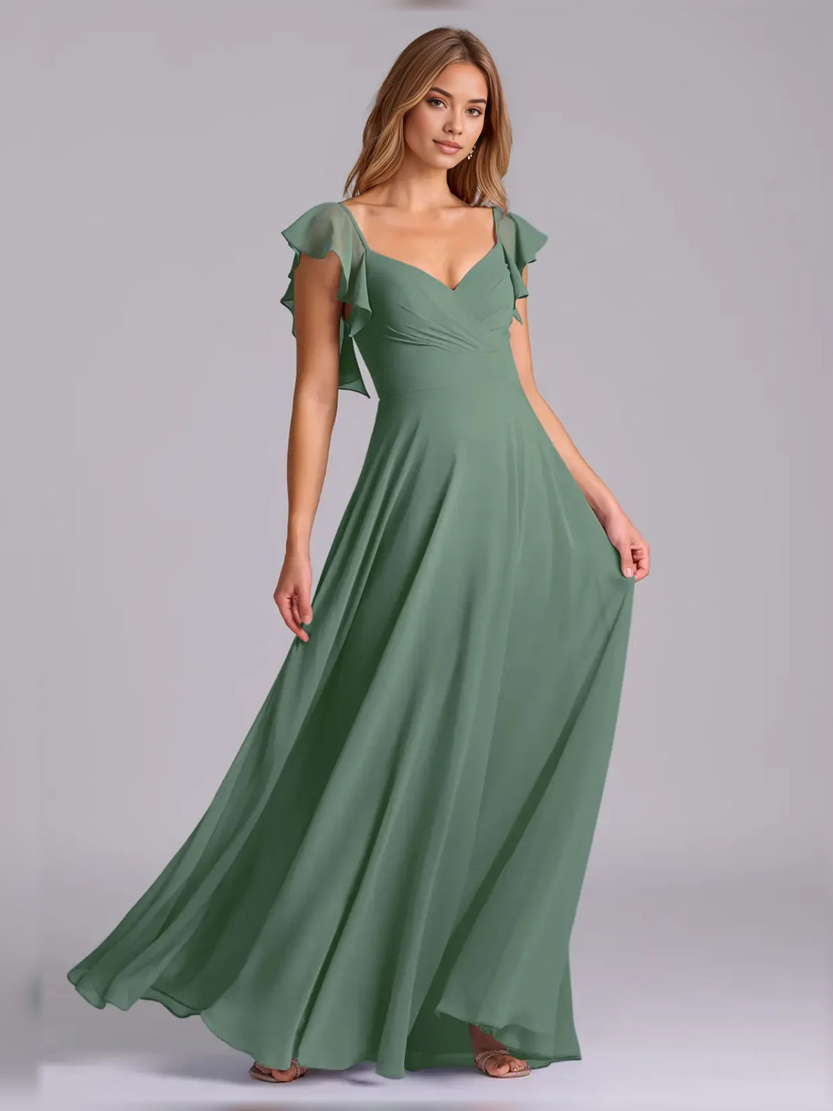 Pleated V Neck A-Line Maxi Chiffon Bridesmaid Dress for Wedding Ceremony