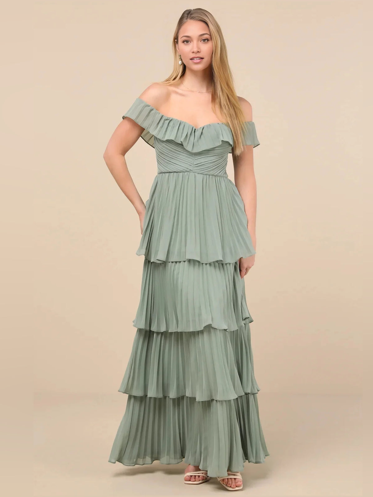 Ruched Pleated Ruffled Off Shoulder A-Line Maxi Chiffon Bridesmaid Dress for Destination Wedding