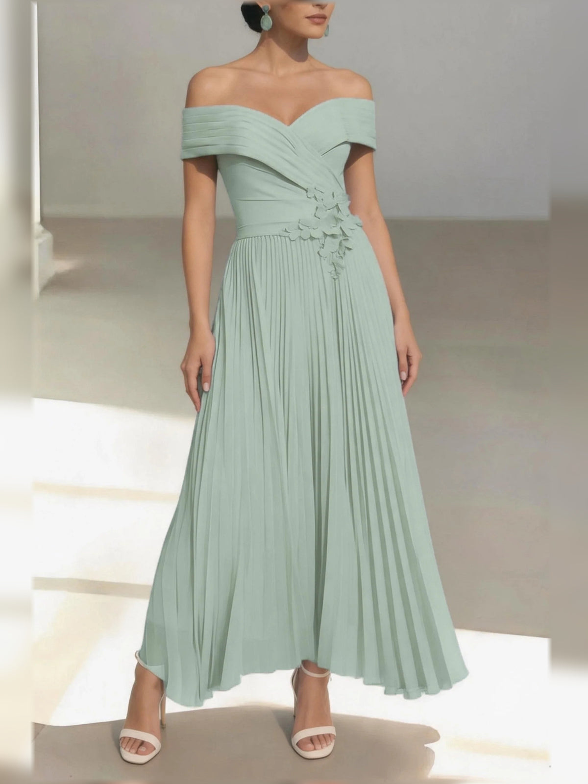 Ruched Pleated Floral One Shoulder A-Line Midi Satin Mother of the Bride Dress for Wedding Dinner