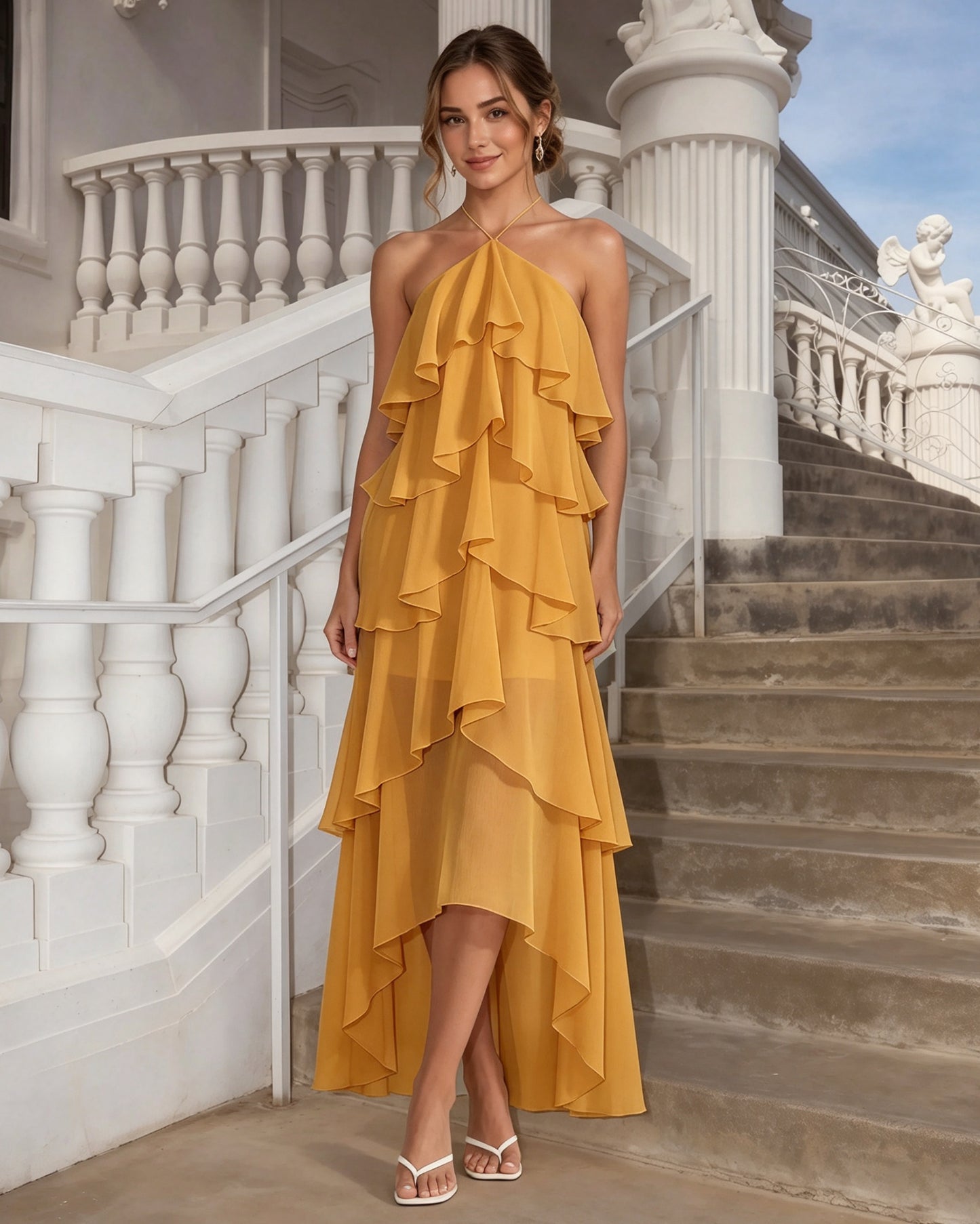 One-Shoulder Tiered Ruffle High-Low Chiffon Formal Dress