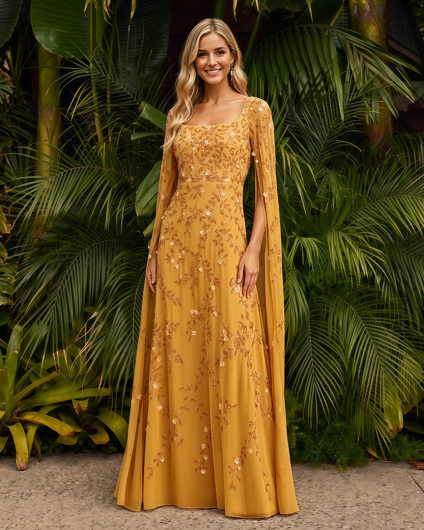 Square-Neck Long-Sleeve Lace A-Line Formal Dress