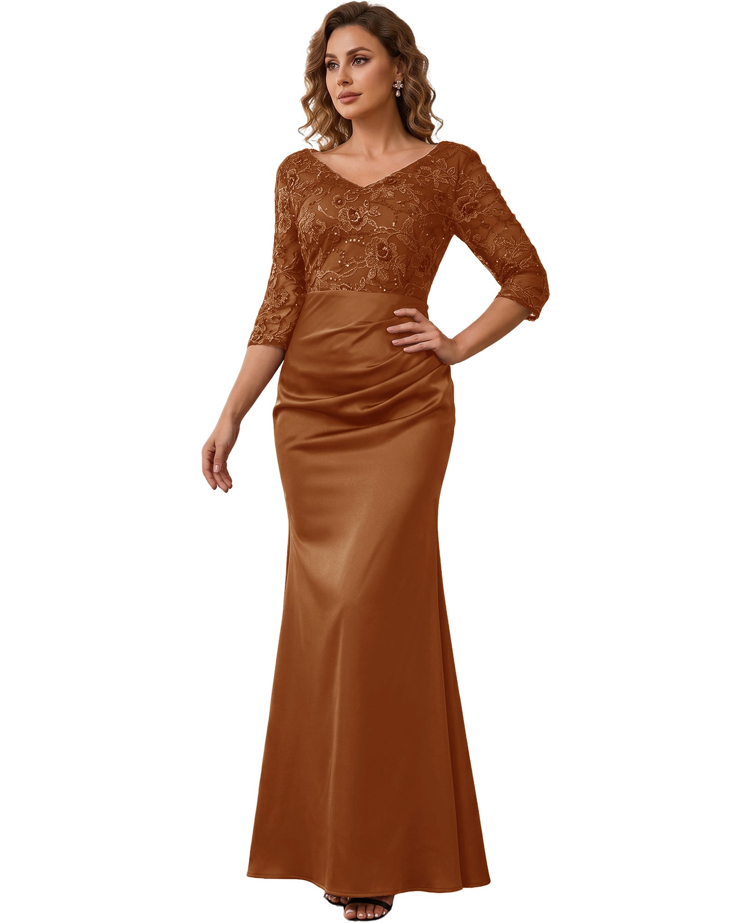 Mother of the Bride Dress Long Lace Mermaid Formal Gown with 3/4 Sleeves