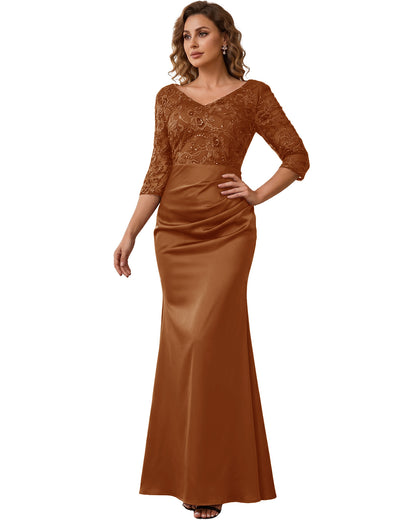 Mother of the Bride Dress Long Lace Mermaid Formal Gown with 3/4 Sleeves