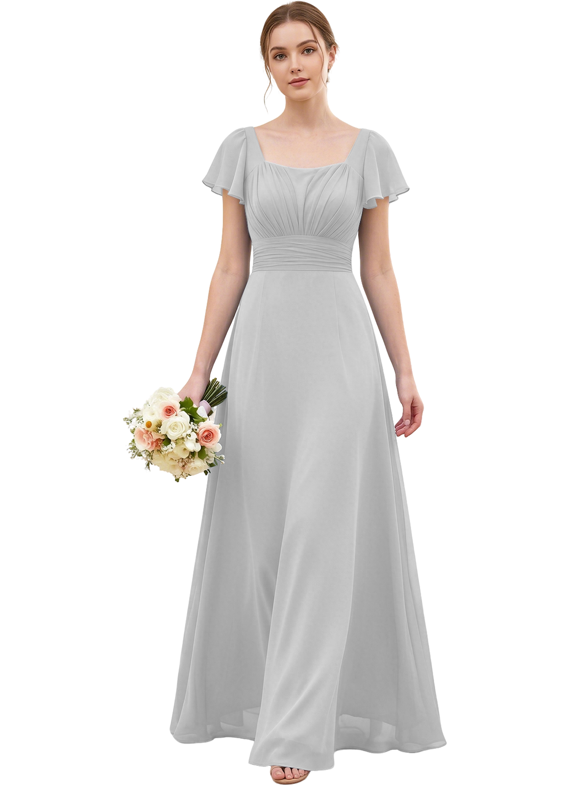 Square Neck Chiffon Bridesmaid Dress with Flutter Sleeves and Lace-Up Back