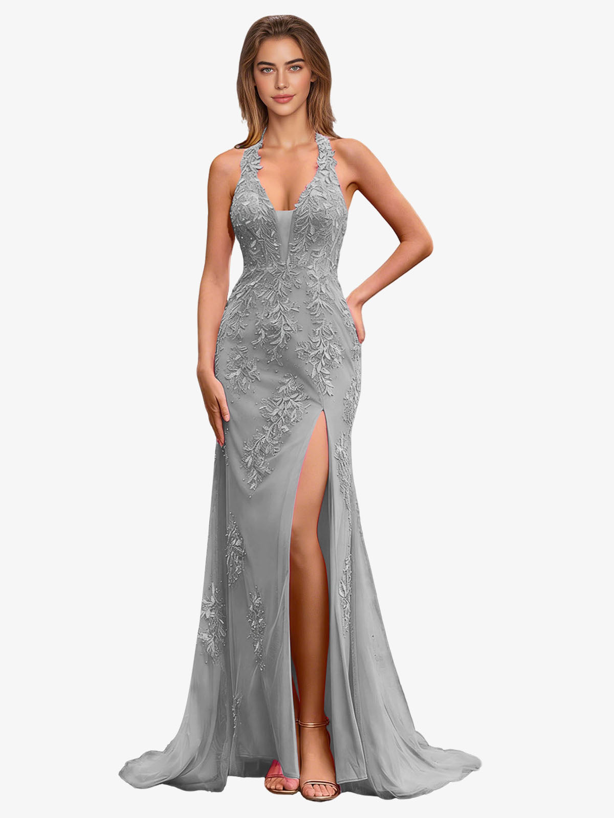Halter Lace Mermaid Prom Dress with Applique Bodice and Thigh Slit