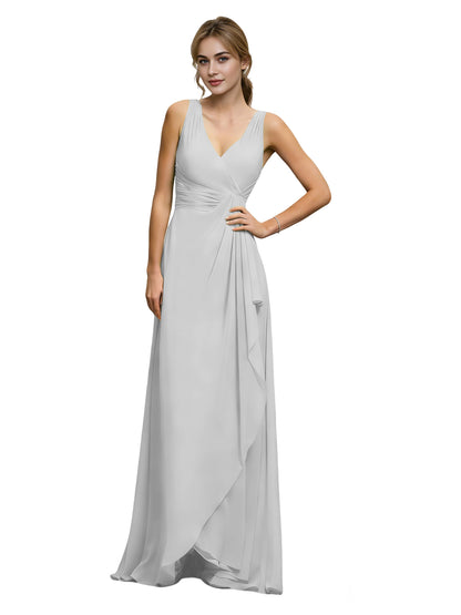 Halter V-Neck Chiffon Bridesmaid Dress with Draped Sash Waist