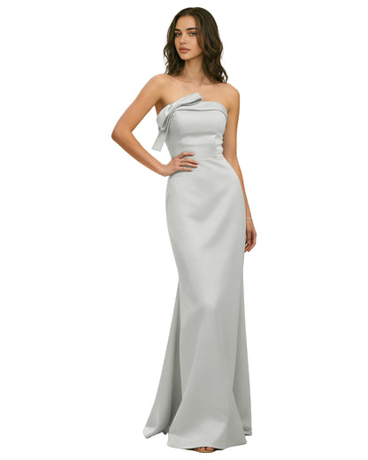 Strapless Satin Bridesmaid Dress with Draped Bodice and Side Slit