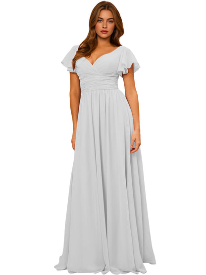 V-Neck Flutter Sleeve Chiffon Bridesmaid Dress with Empire Waist