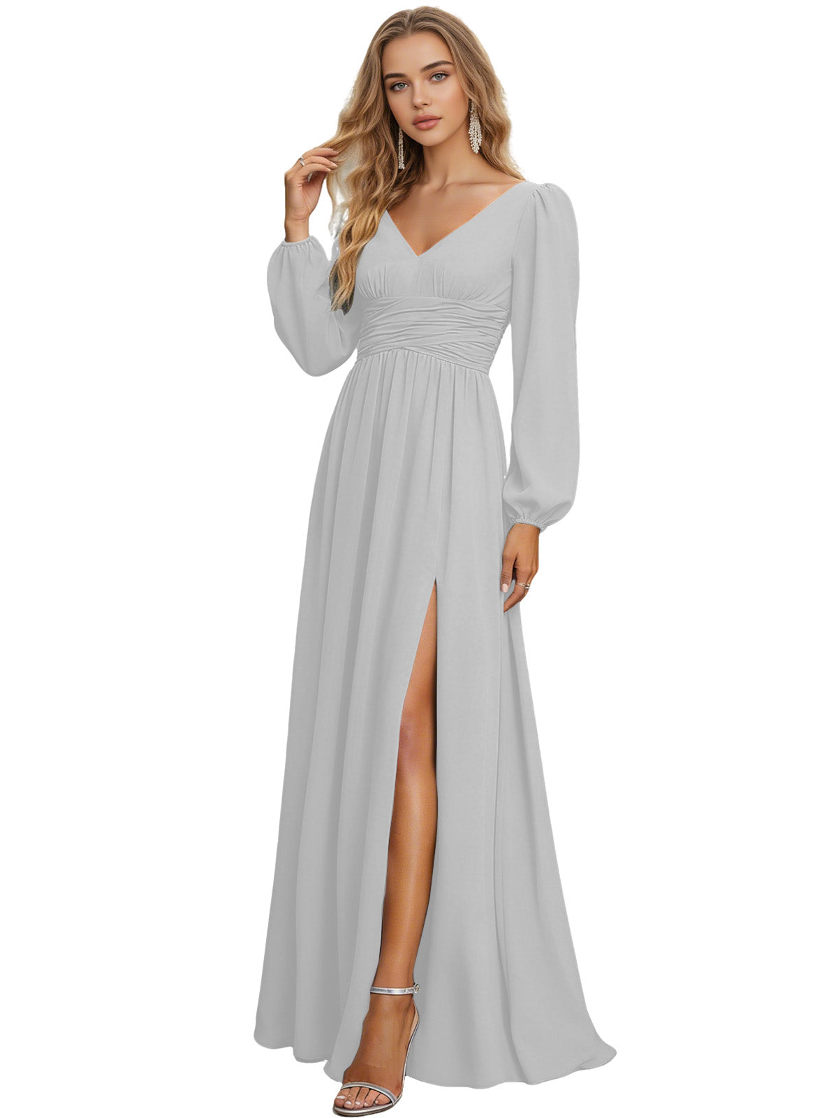 Long Sleeve V-Neck Chiffon Bridesmaid Dress with Front Slit