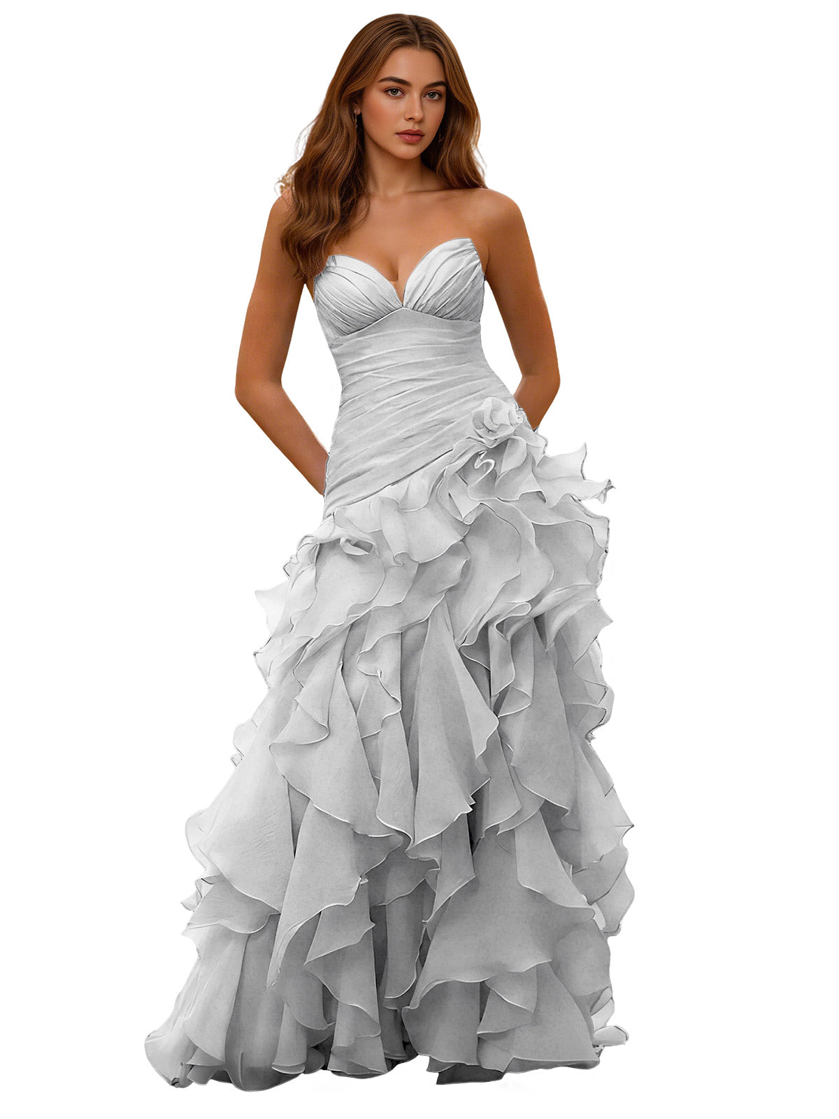 Strapless Organza Ruffle Ball Gown Prom Dress with Draped Corset Bodice