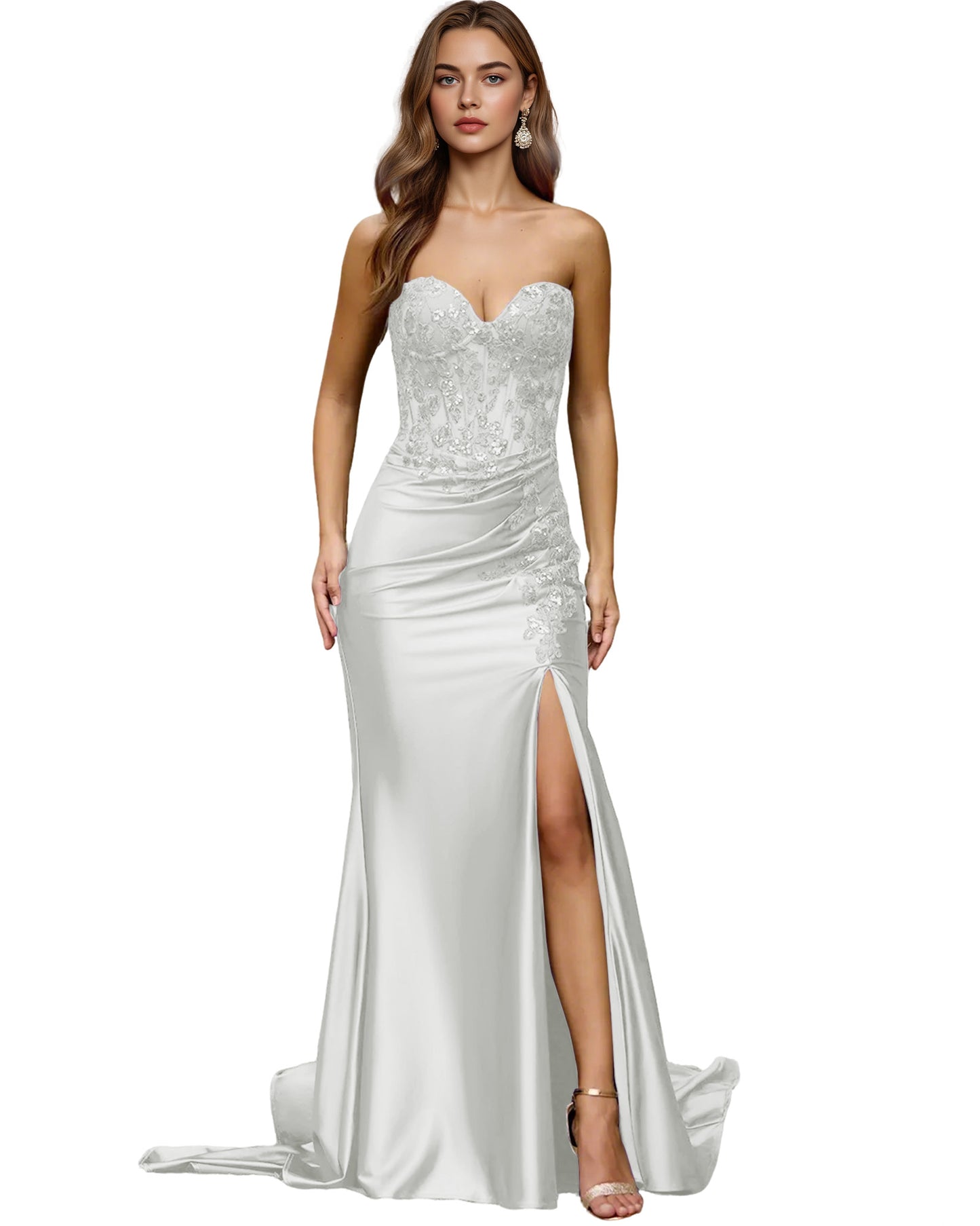 Strapless Emerald Satin Mermaid Prom Dress with Beaded Bodice and Slit