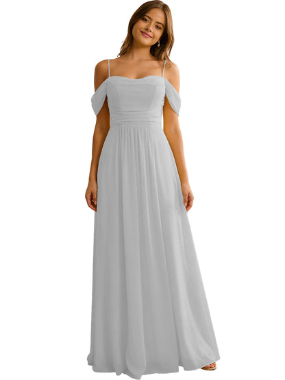 Off Shoulder Chiffon Bridesmaid Dress with Soft Pleated Bodice