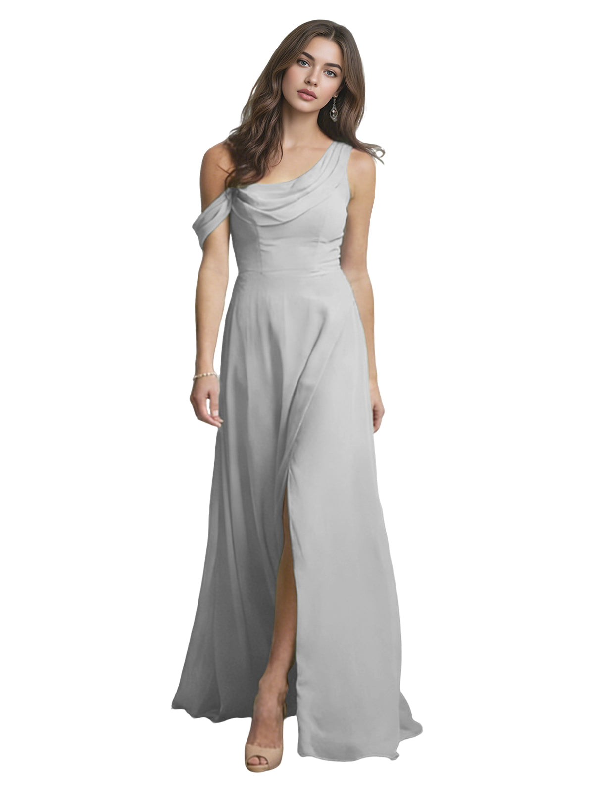 One Shoulder Satin Bridesmaid Dress with Draped Neckline and Slit