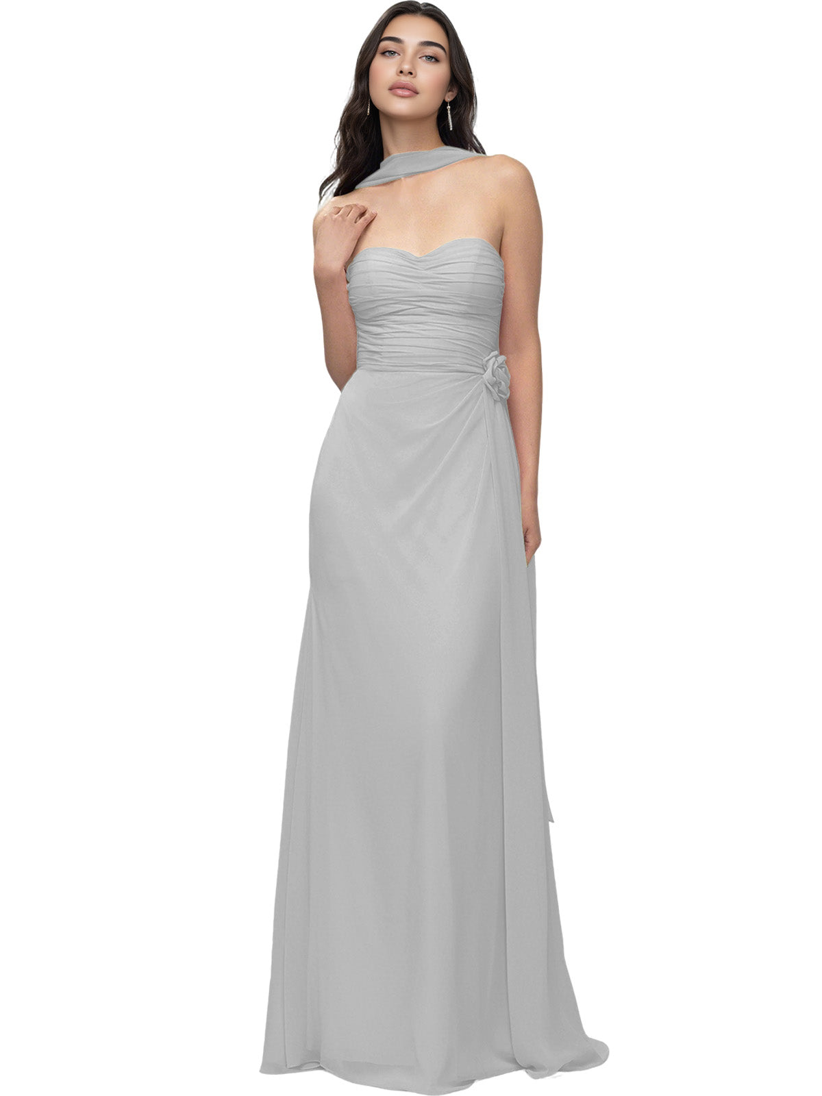 Strapless Chiffon Bridesmaid Dress with Wrapped Bodice and Slit Dress