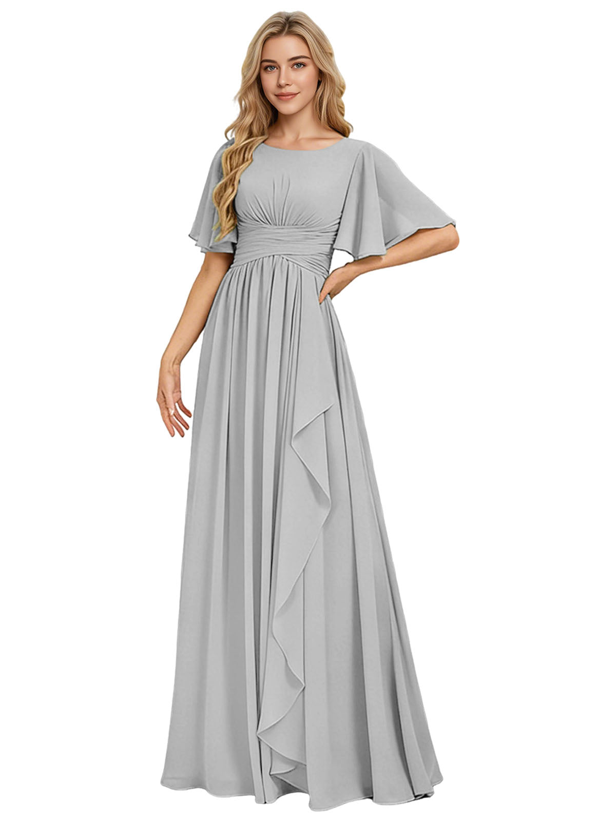 Flutter Sleeve Chiffon Bridesmaid Dress with Tiered Front Ruffle