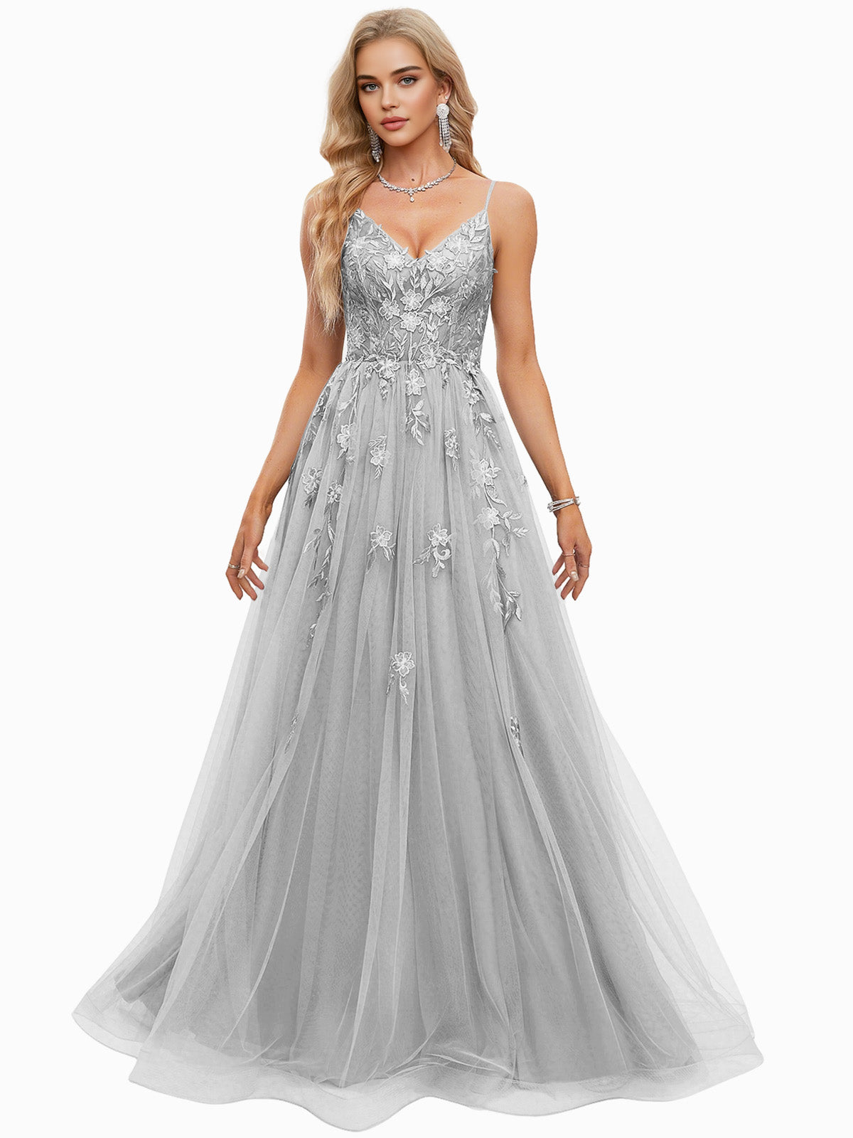 Beaded Bodice Tulle Ball Gown Prom Dress with Spaghetti Straps