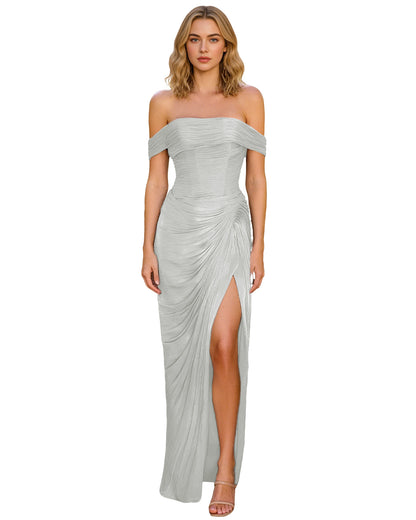 Off Shoulder Ruched Jersey Prom Dress with Wrap Bodice and High Slit