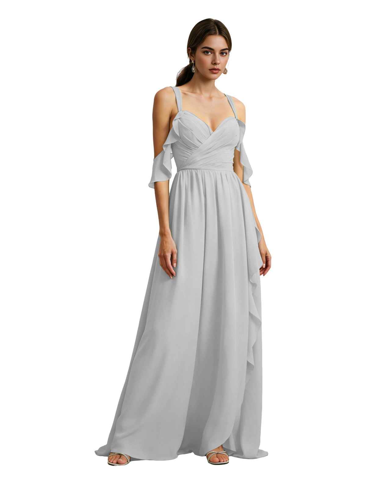 Cold Shoulder Chiffon Bridesmaid Dress with Draped V-Neck Bodice