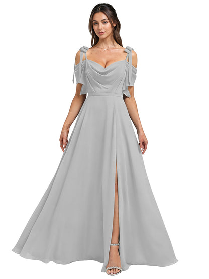 Cowl Neck Cold Shoulder Bridesmaid Dress with High Slit Chiffon Dress