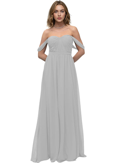 Off Shoulder Sweetheart Chiffon Bridesmaid Dress with Ruched Bodice