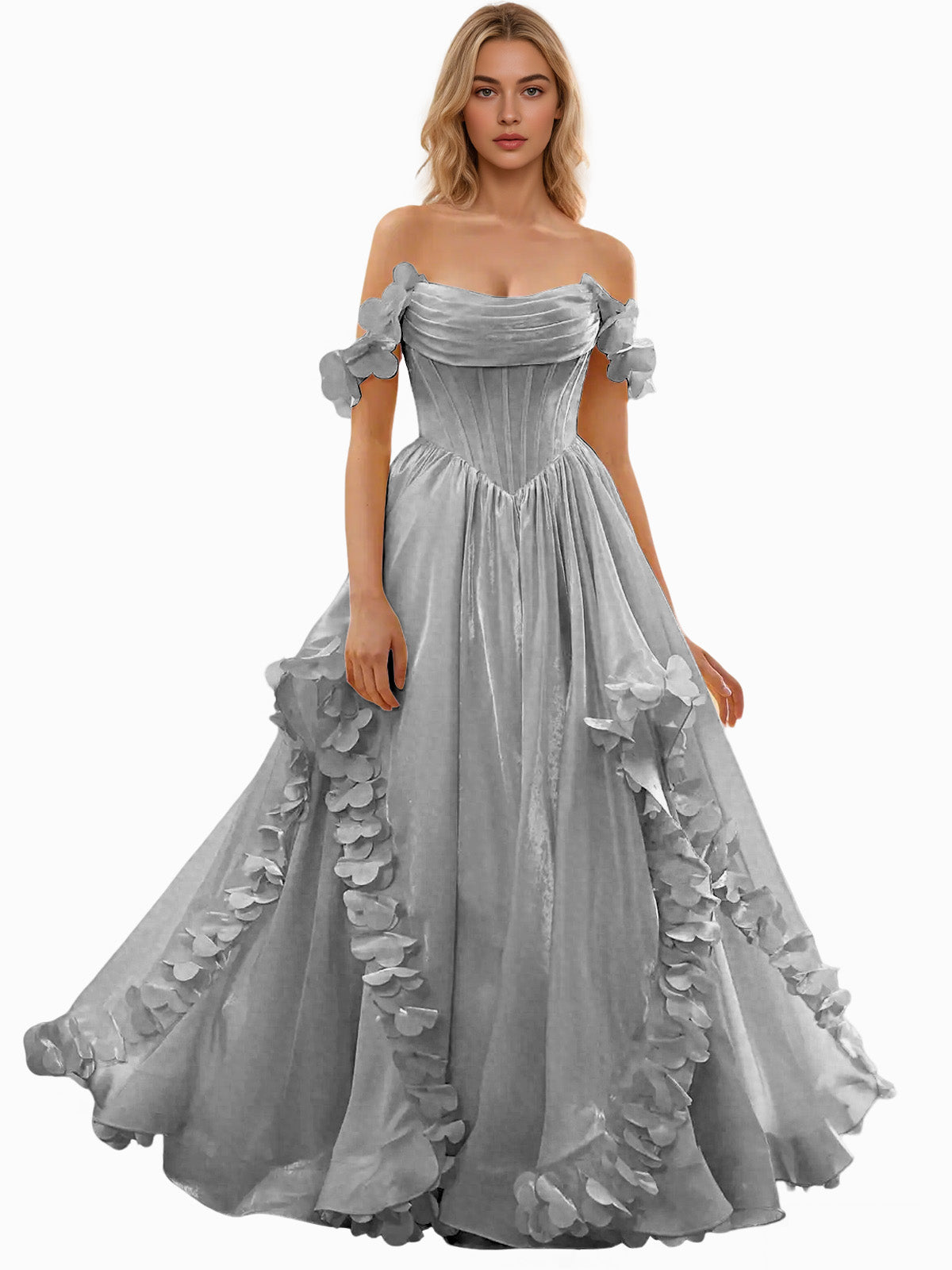 Off Shoulder Ruffle Tulle Ball Gown Prom Dress with Floral Applique