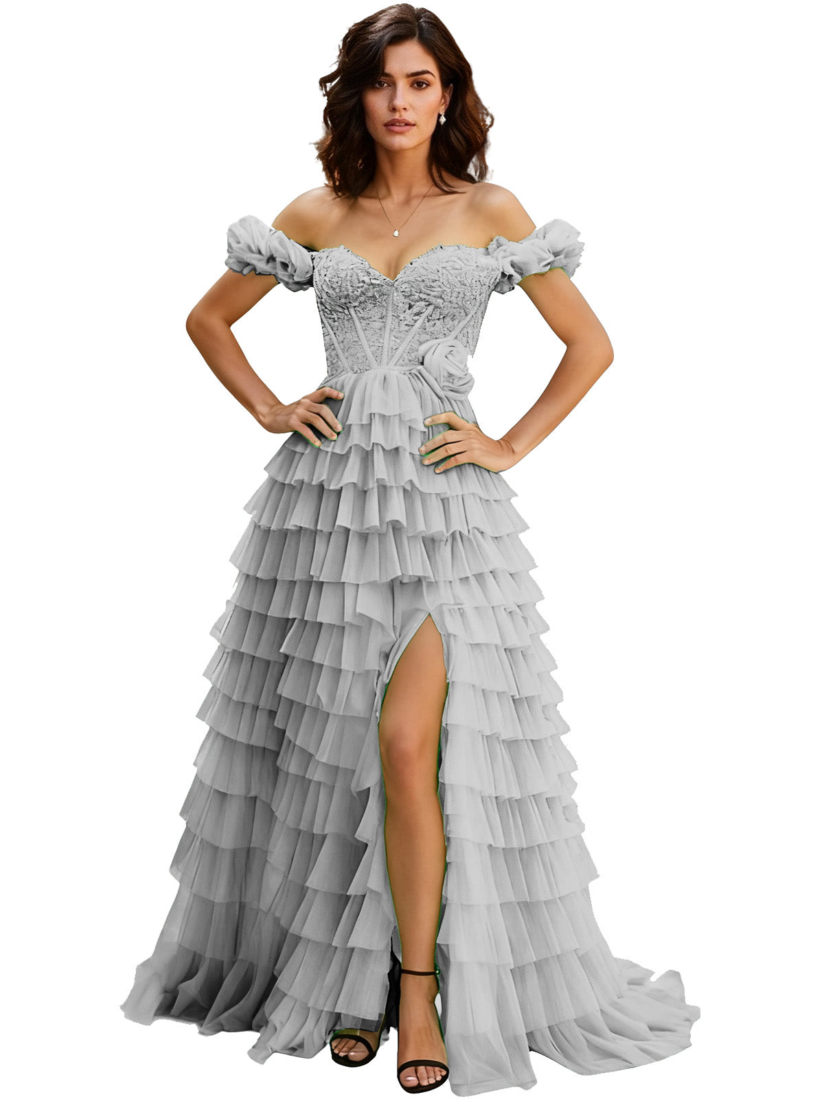 Off Shoulder Tulle Ball Gown Prom Dress with Ruffle Sleeves and Slit