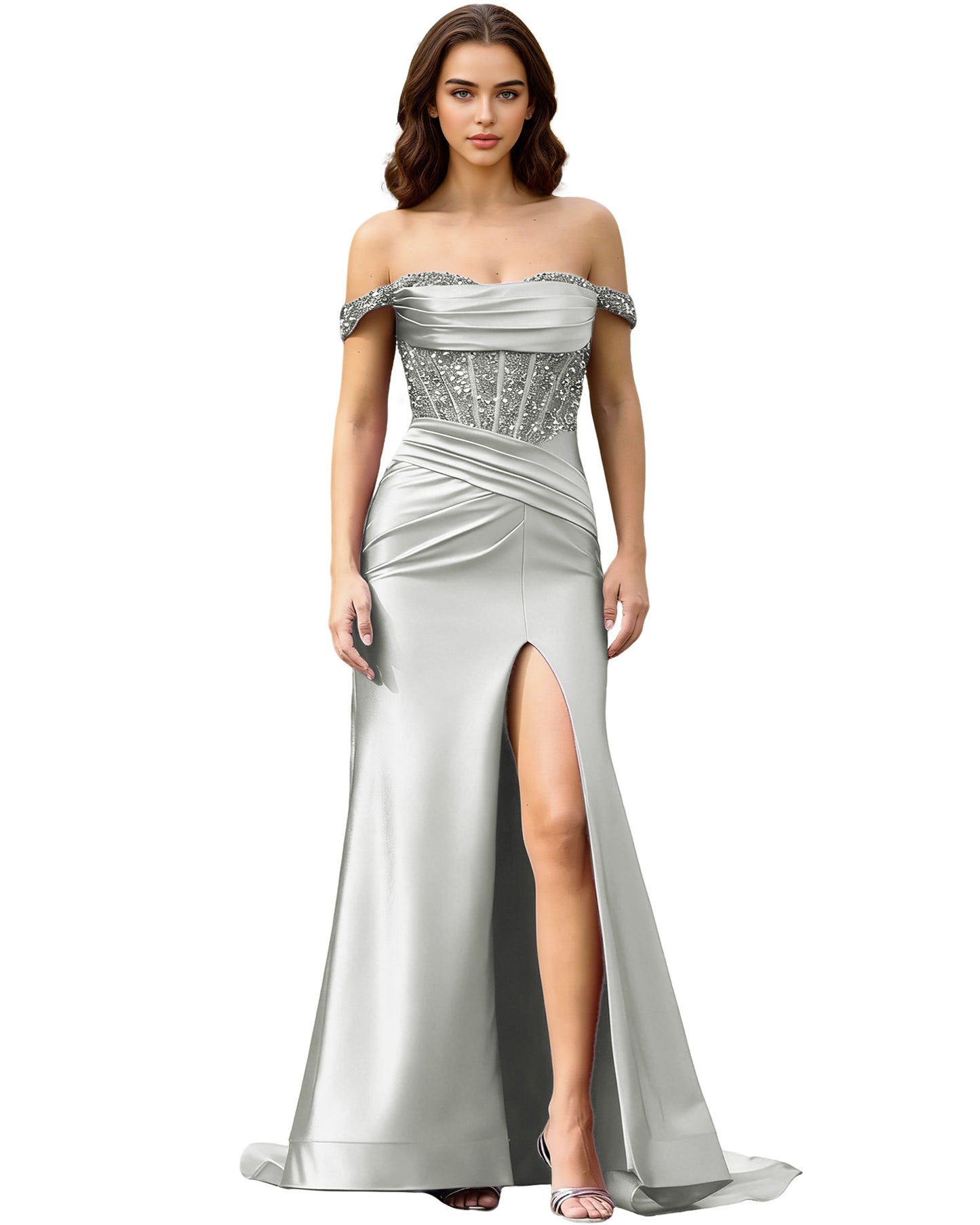 Off Shoulder Ruched Satin Prom Dress with Basque Waist and Front Slit