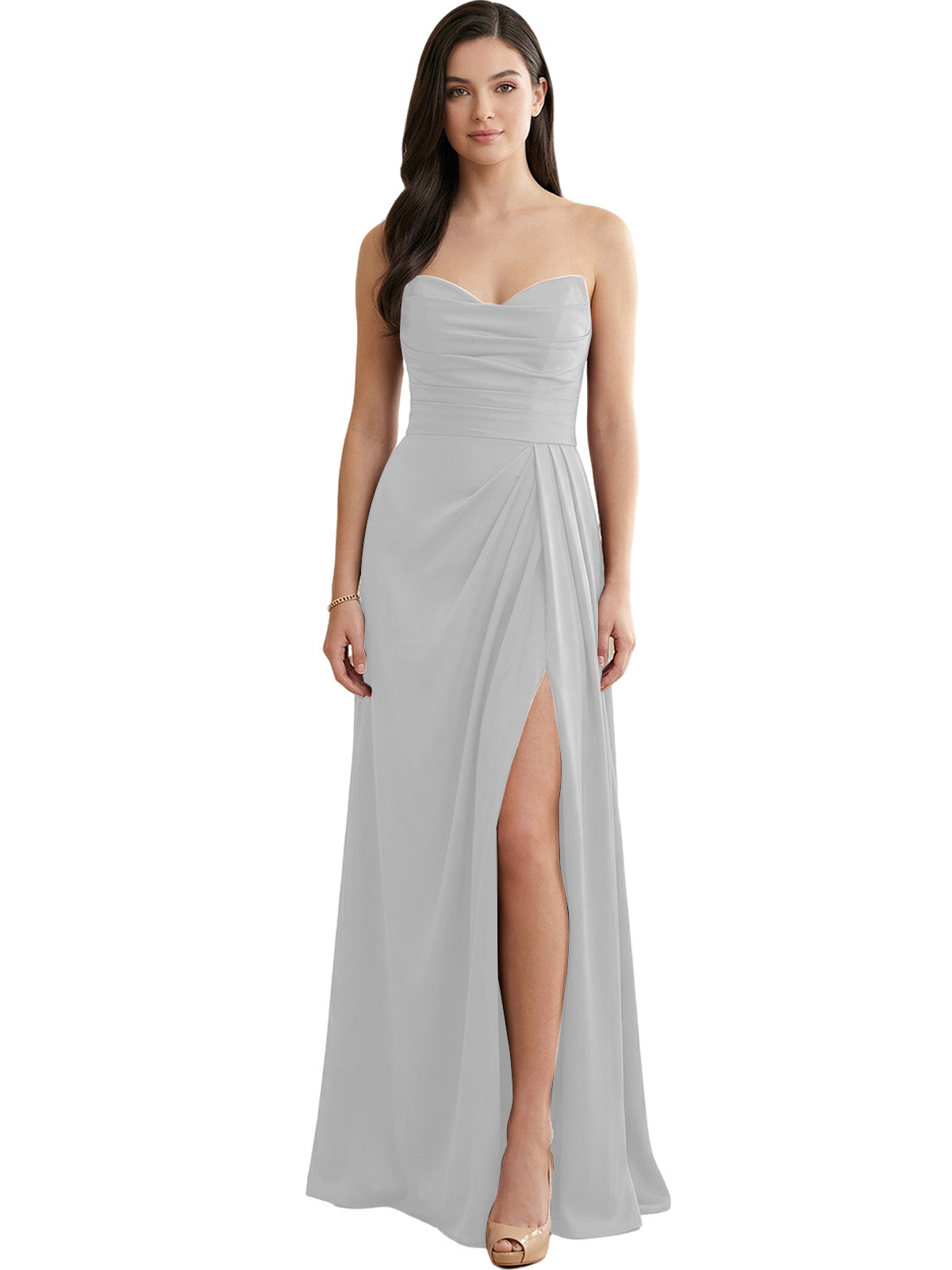 Strapless Pleated Satin Bridesmaid Dress with Side Slit