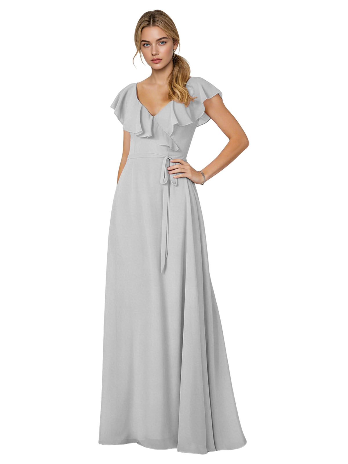 Tie Neck Chiffon Bridesmaid Dress with Flutter Sleeves