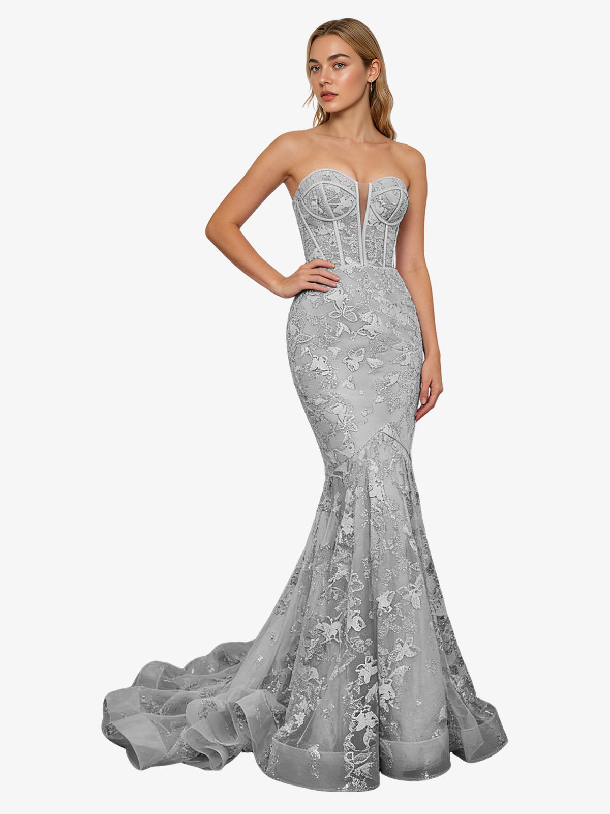 Strapless Lavender Lace Mermaid Prom Dress with Sheer Corset and Train