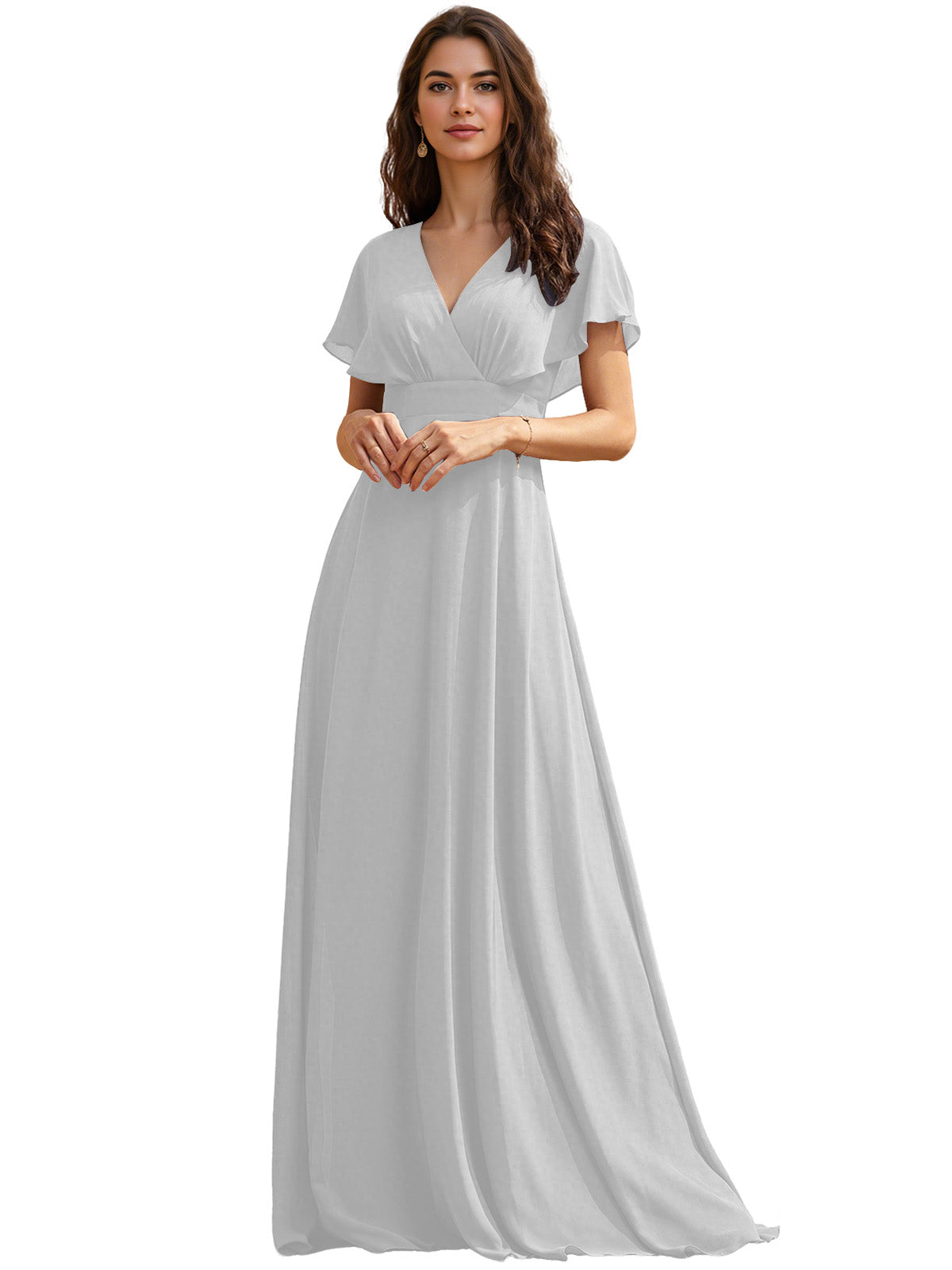Flutter Sleeve V-Neck Chiffon Bridesmaid Dress with Flowing dress
