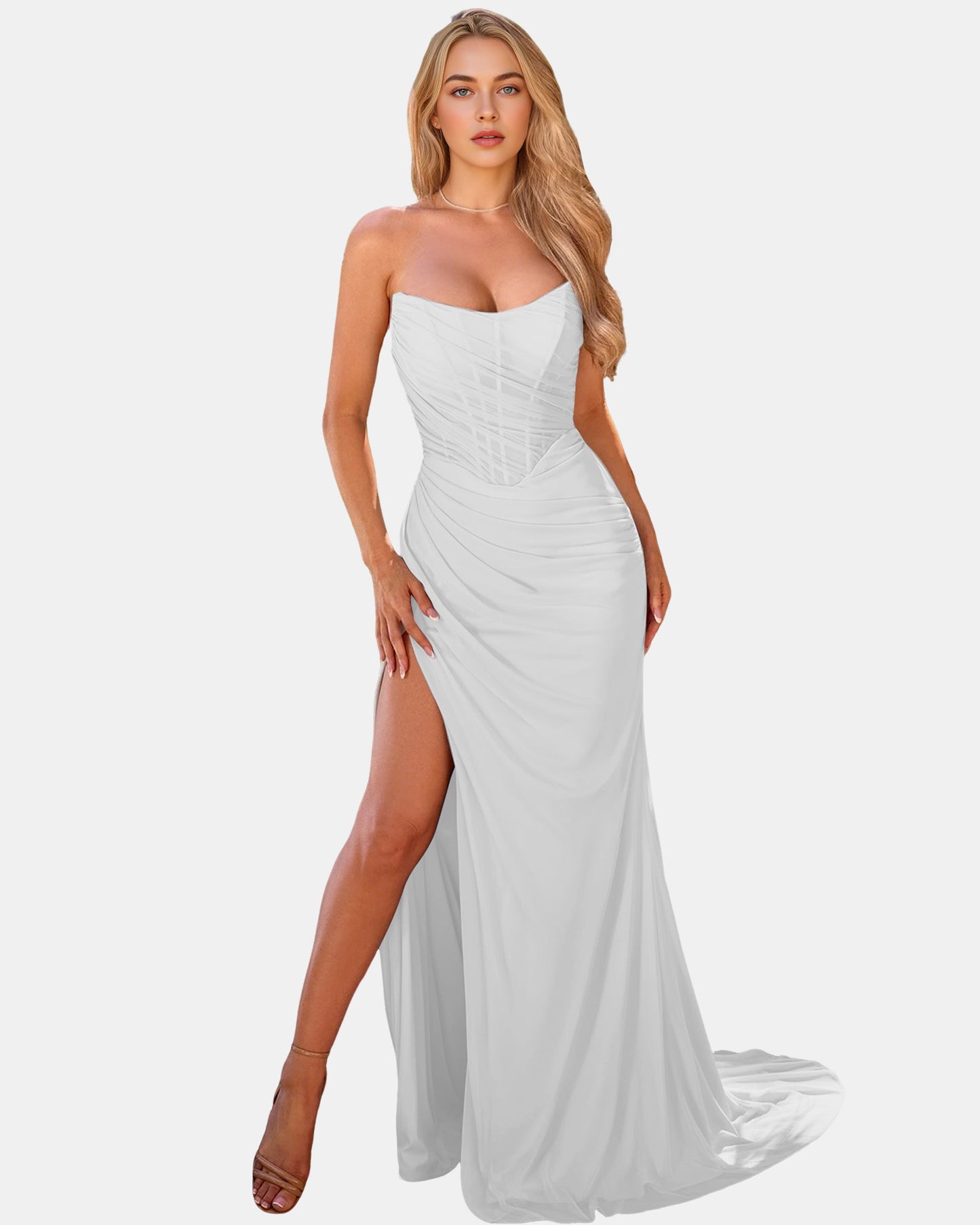 Spaghetti Strap Satin Sheath Prom Dress with Ruched Bodice and Slit