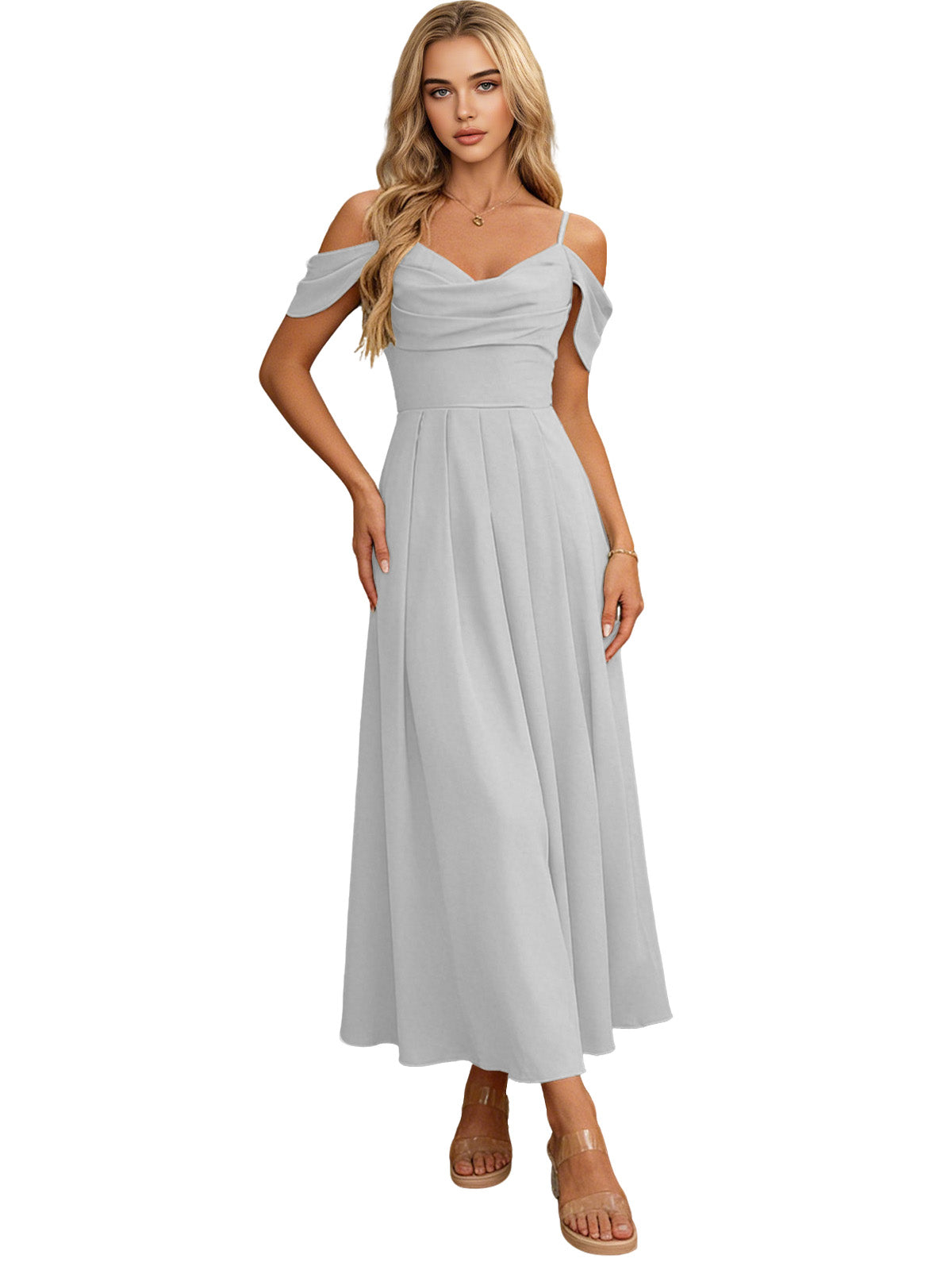Off Shoulder Midi Bridesmaid Dress with Pleated Bodice and Flowing dress