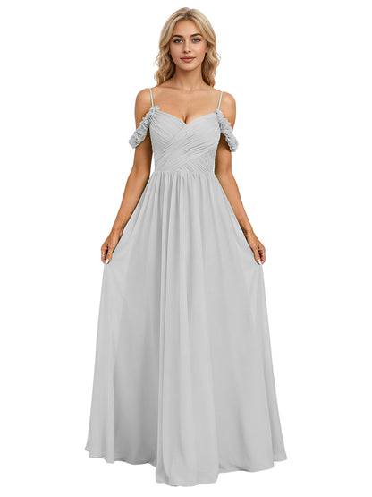 Off Shoulder Lace Applique Bridesmaid Dress with Flowing Chiffon dress