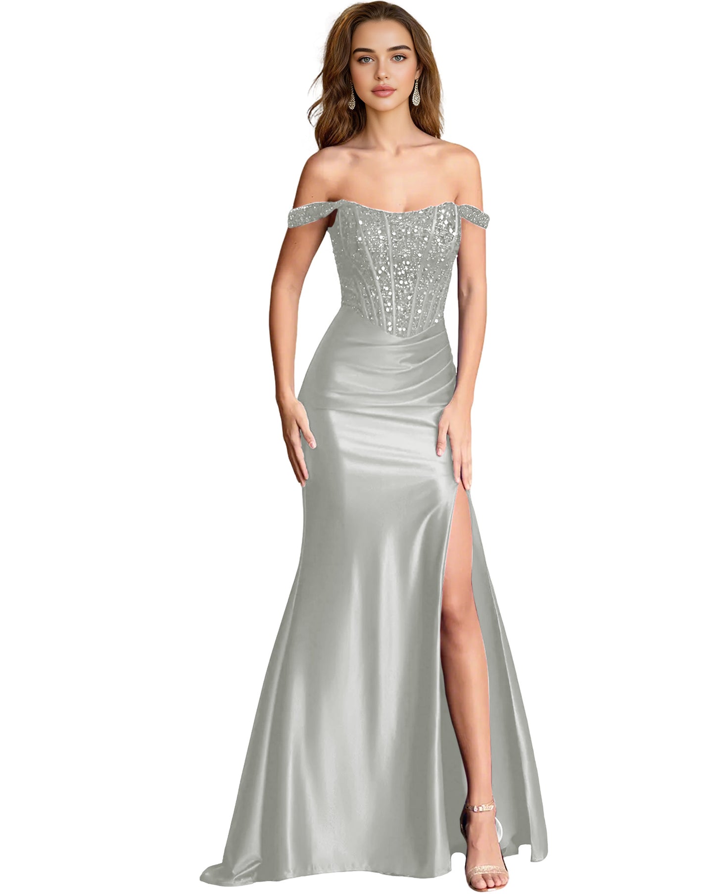 Off Shoulder Sequin Satin Mermaid Dress with Draped dress Slit