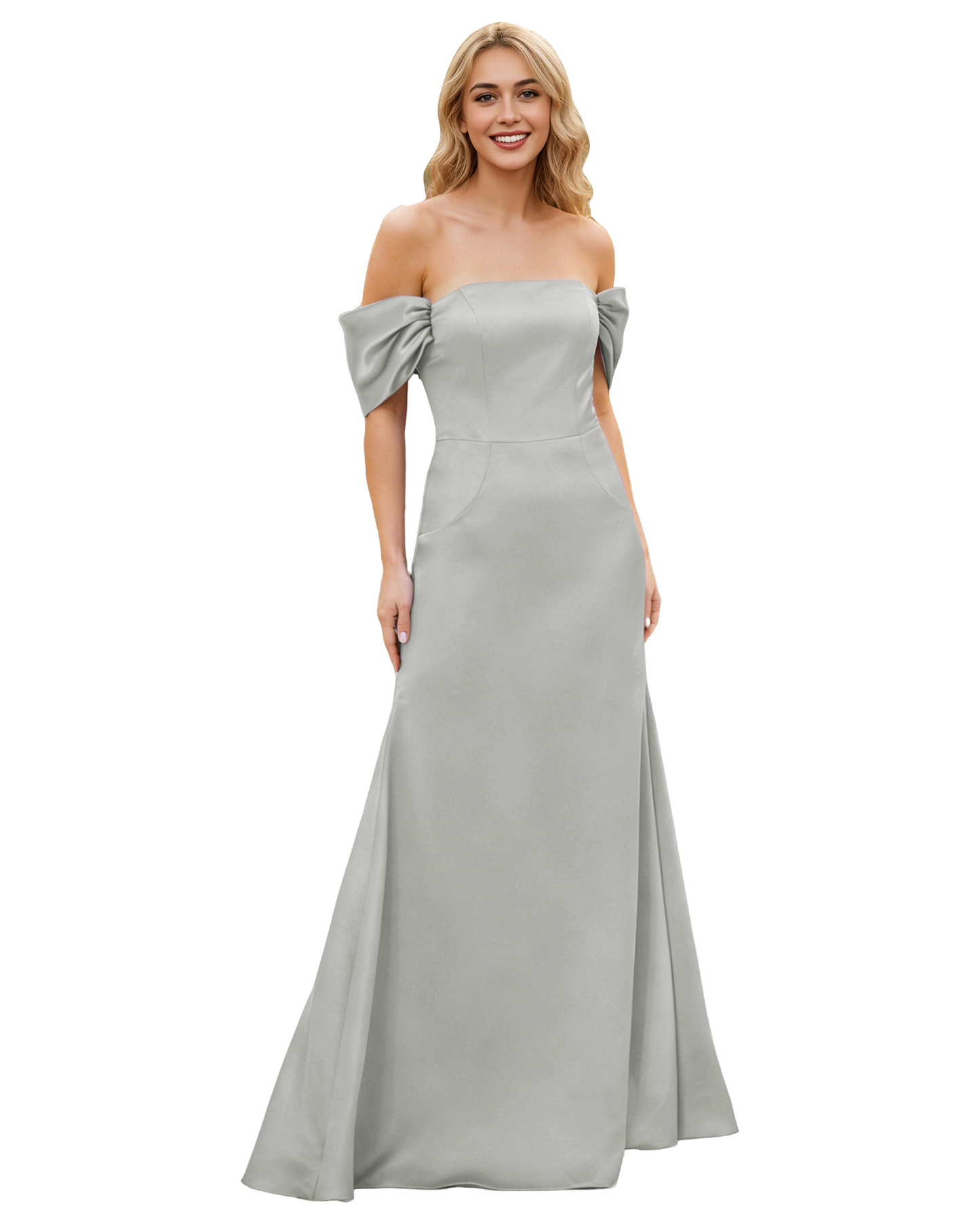 Off Shoulder Satin Bridesmaid Dress with Foldover Neckline and Trumpet Dress
