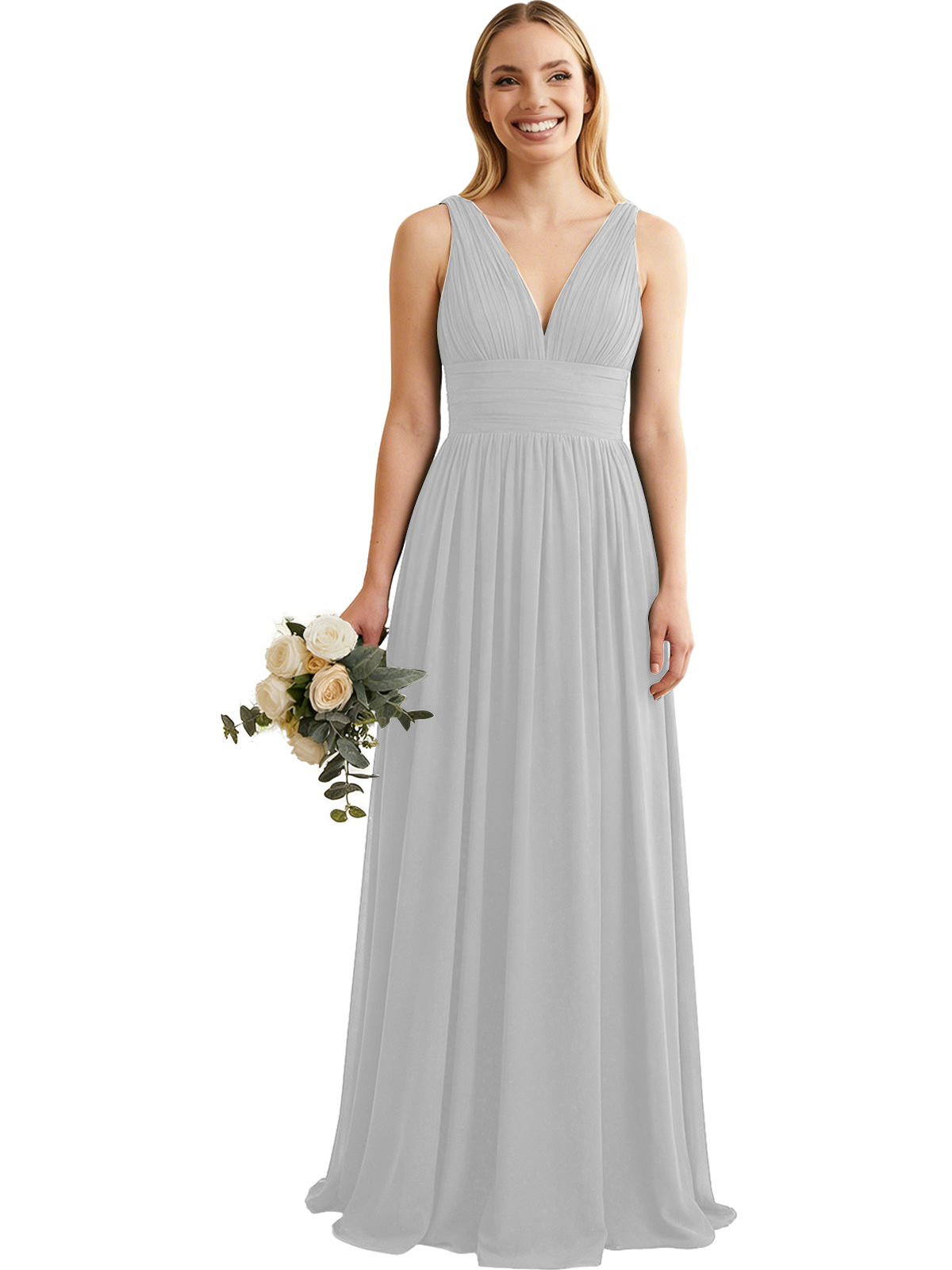 Deep V-Neck Chiffon Bridesmaid Dress with Pleated Waist