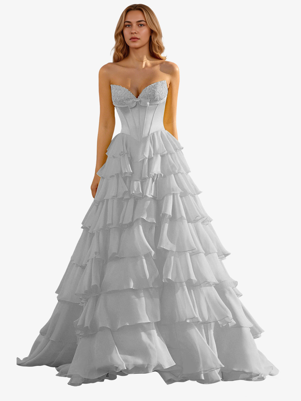 Strapless Tiered Organza Ball Gown Prom Dress with Corset Top