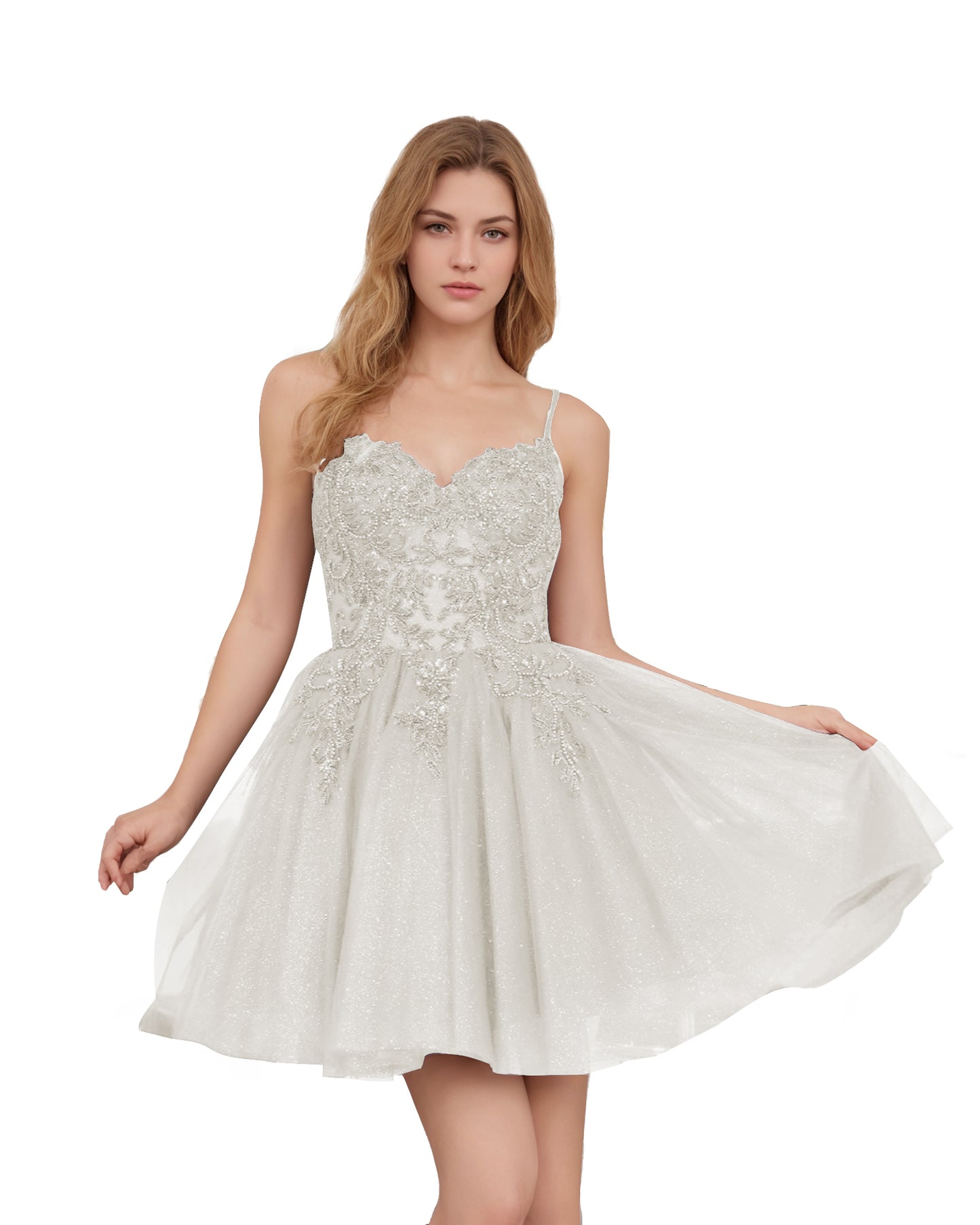 Spaghetti Strap Beaded Corset Glitter Tulle Homecoming Dress