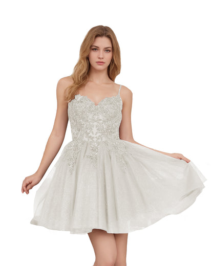 Spaghetti Strap Beaded Corset Glitter Tulle Homecoming Dress