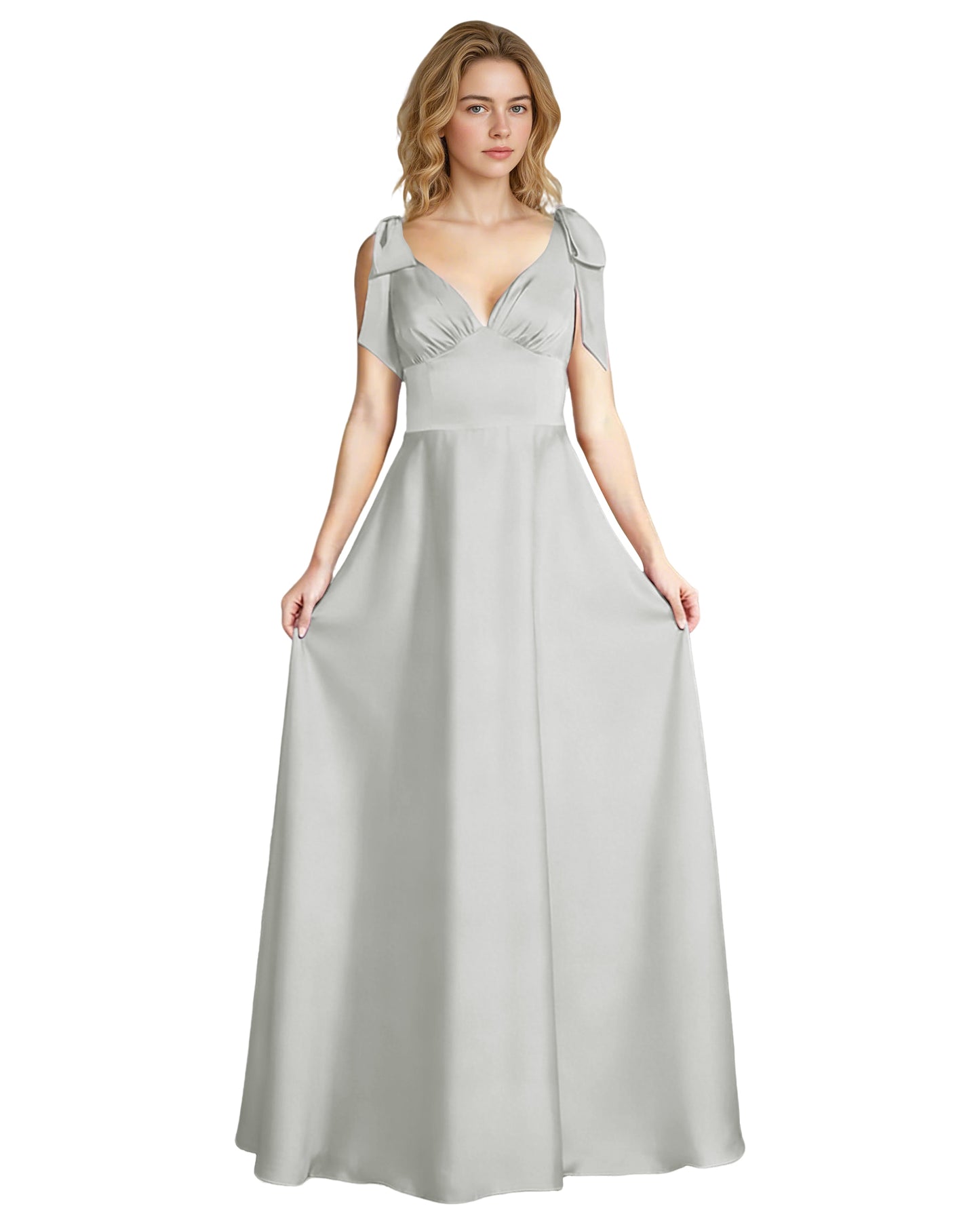 V-Neck Bow Strap Satin Bridesmaid Dress with Empire Waist