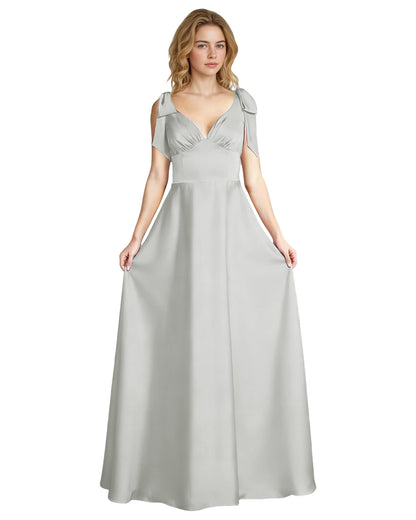 V-Neck Bow Strap Satin Bridesmaid Dress with Empire Waist