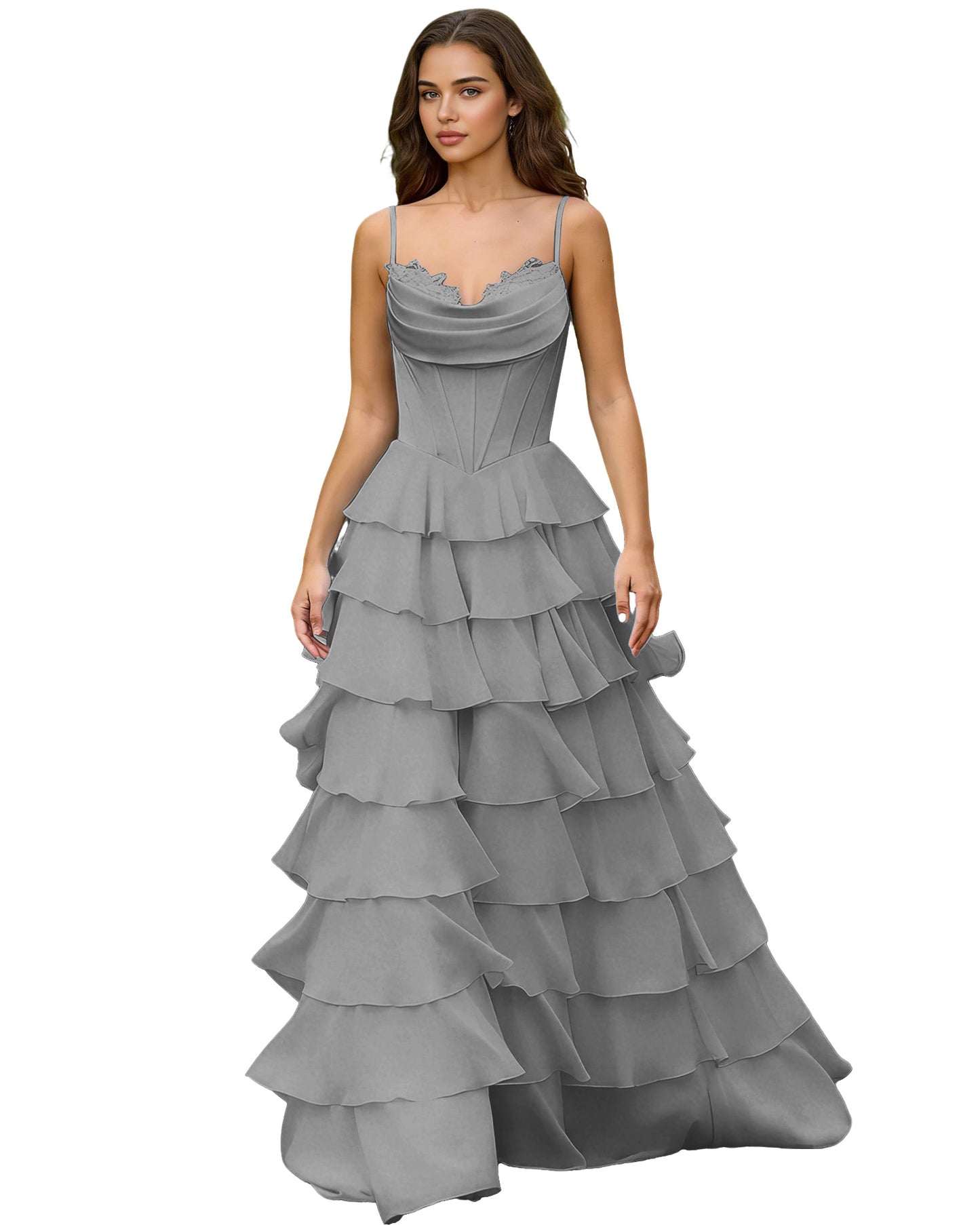 Spaghetti Strap Tiered Chiffon A-Line Prom Dress with Ruffle dress