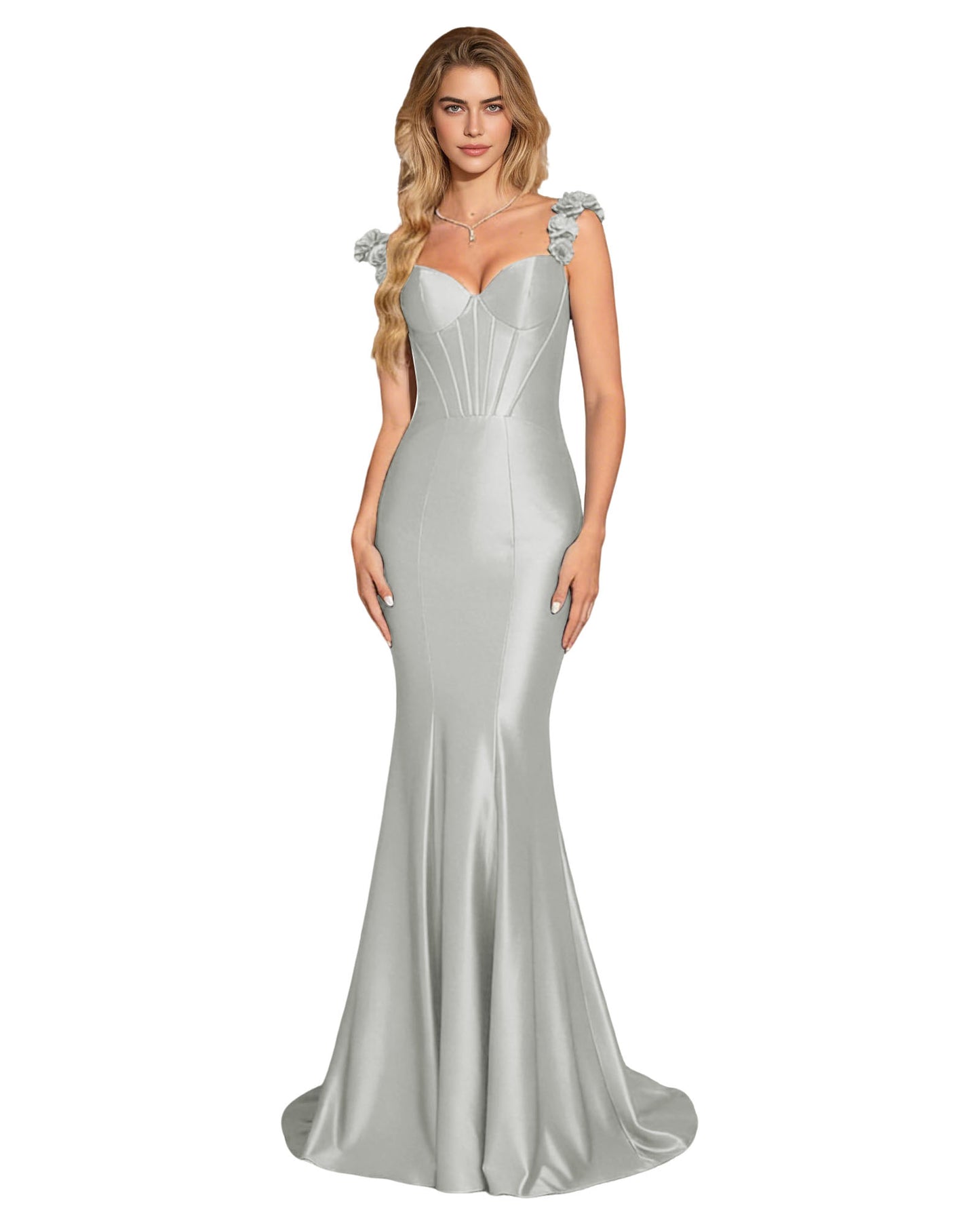 Floral Strap Satin Mermaid Prom Dress with Corset Bodice and Sweep Train