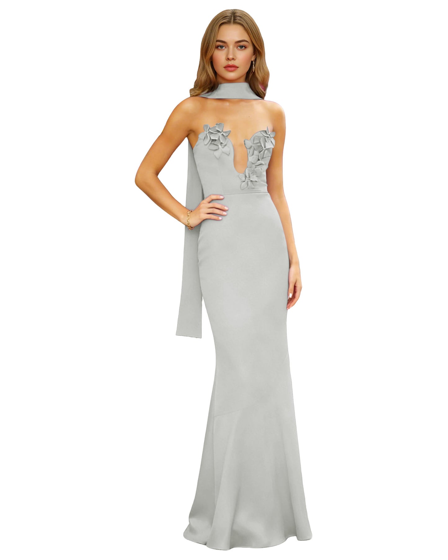 Halter Neck Satin Column Prom Dress with Illusion Cutout and Open Back